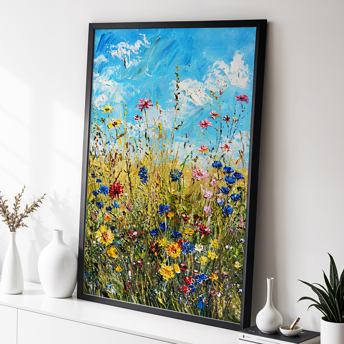 Skyward Wildflowers, blue, green, yellow floral wall art displayed in a styled interior, gallery view 9