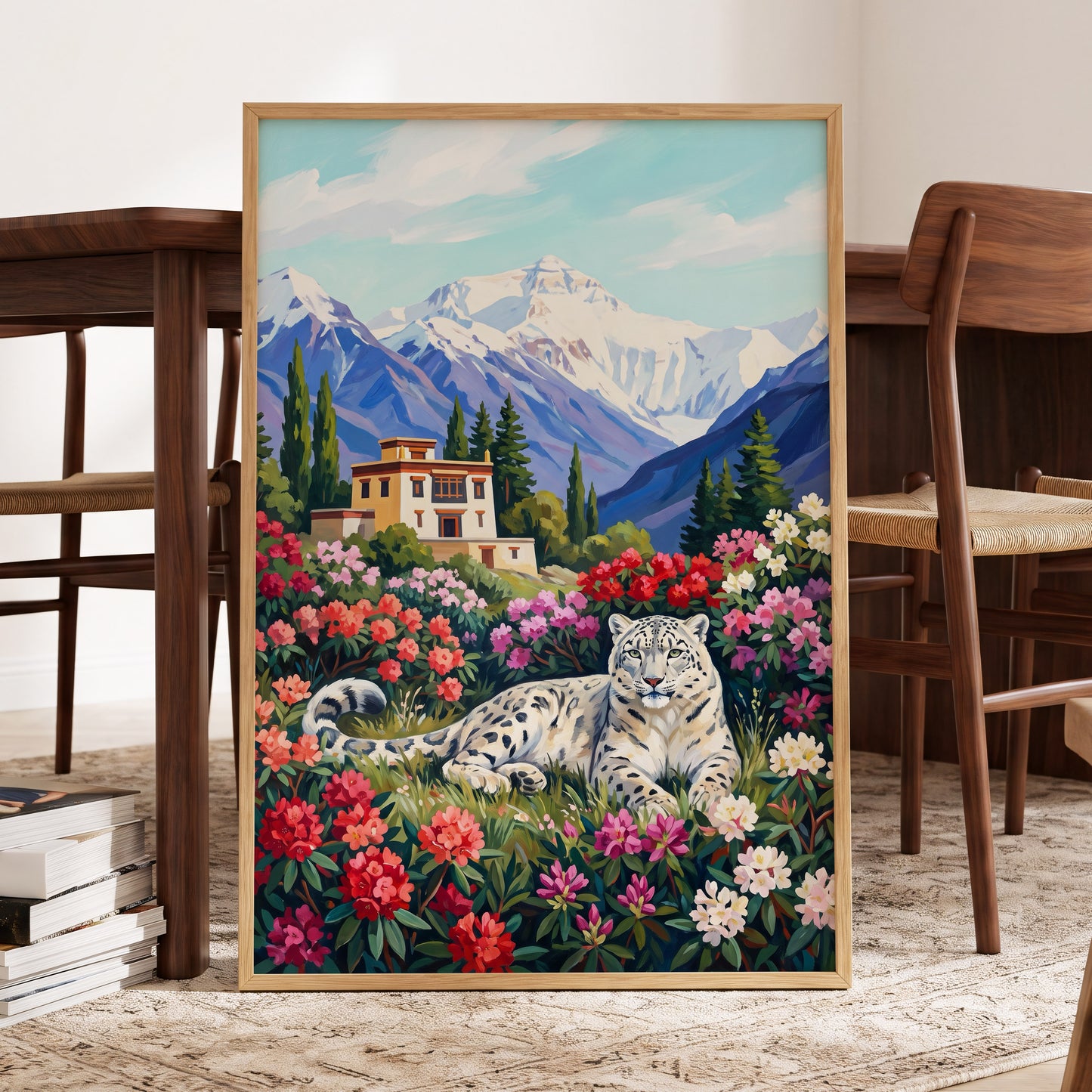 Snow Leopard Sanctuary, blue, green, white nature wall art displayed in a styled interior, gallery view 9