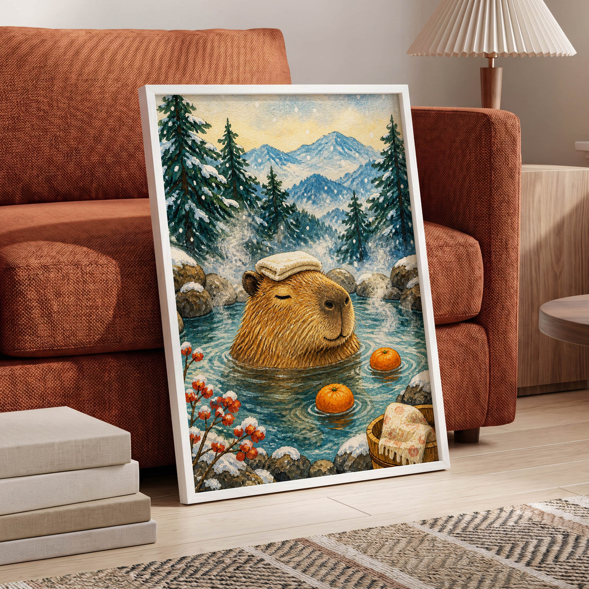 Snowfall Soak, blue, brown, white nature wall art displayed in a styled interior, gallery view 9