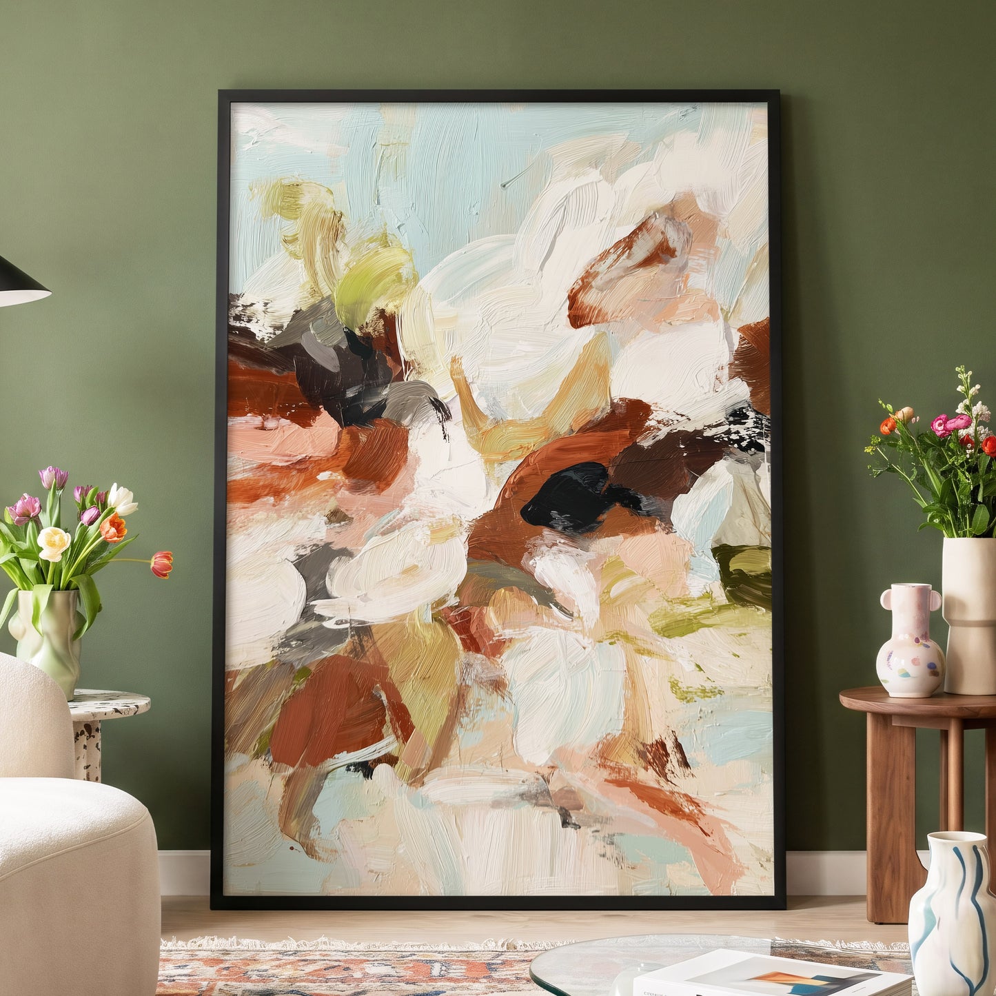 Soft Collision, black, beige, pink abstract wall art displayed in a styled interior, gallery view 9