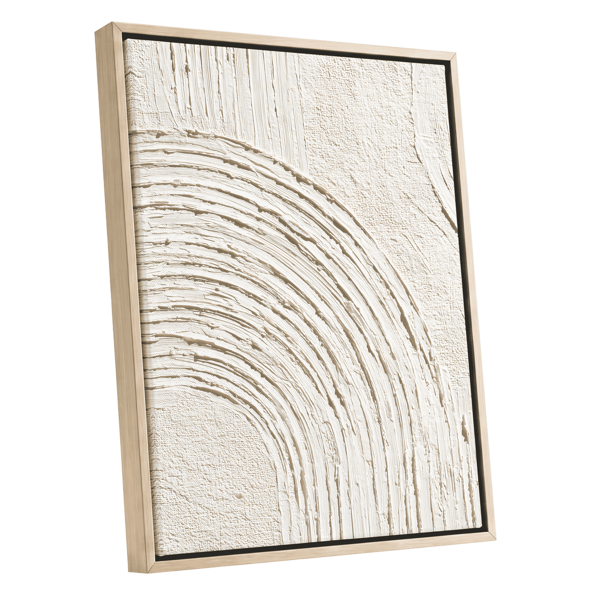 Soft Ivory Arch Texture: framed abstract wall art featuring a textured off-white surface with a curved, layered arch pattern, housed in a light natural wood frame with a thin black inner border, shown against a plain white background.
