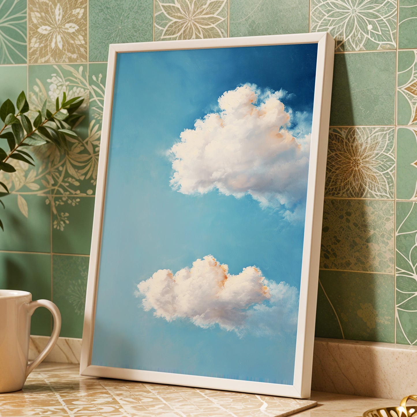 Soft Skies, Slow Clouds, blue, white, gray nature wall art displayed in a styled interior, gallery view 9