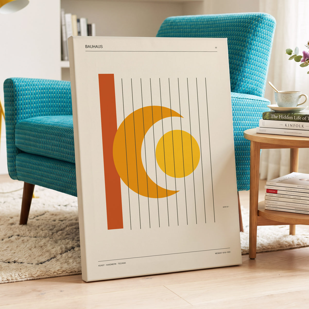 Solar Crescent Grid, beige, orange, yellow minimalist wall art on canvas displayed in a styled interior, gallery view 2