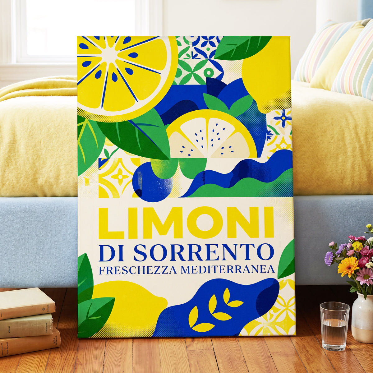 Sorrento Citrus Rhythm, yellow, blue, green nature wall art on canvas displayed in a styled interior, gallery view 2