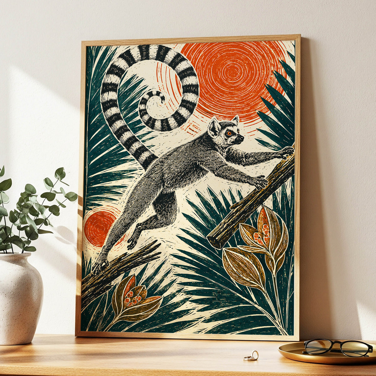 Spiral Tail Canopy, beige, black, green nature wall art displayed in a styled interior, gallery view 9