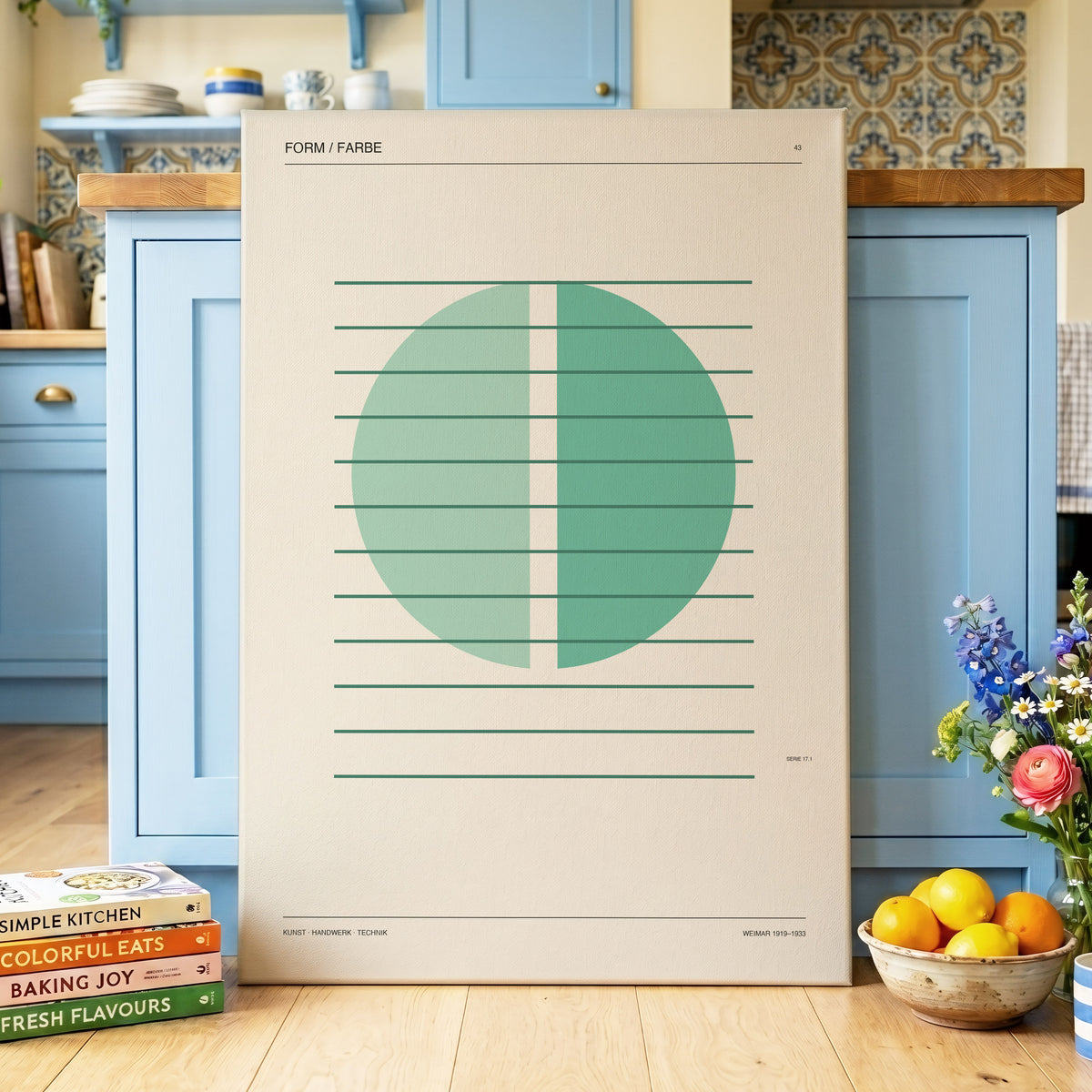 Split Circle Study, green, beige, black minimalist wall art on canvas displayed in a styled interior, gallery view 2