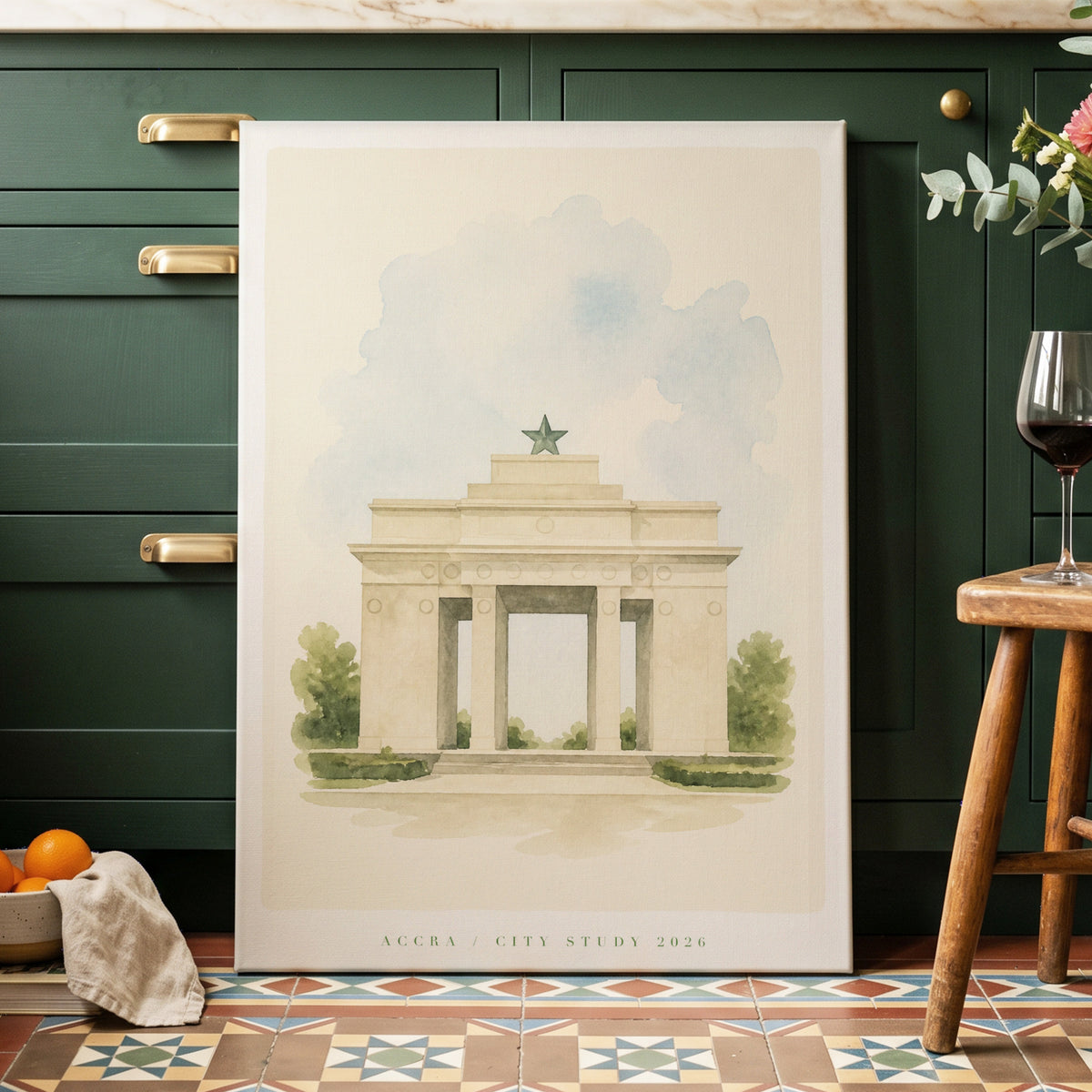 Star-Crowned Gateway, beige, blue, green minimalist wall art on canvas displayed in a styled interior, gallery view 2