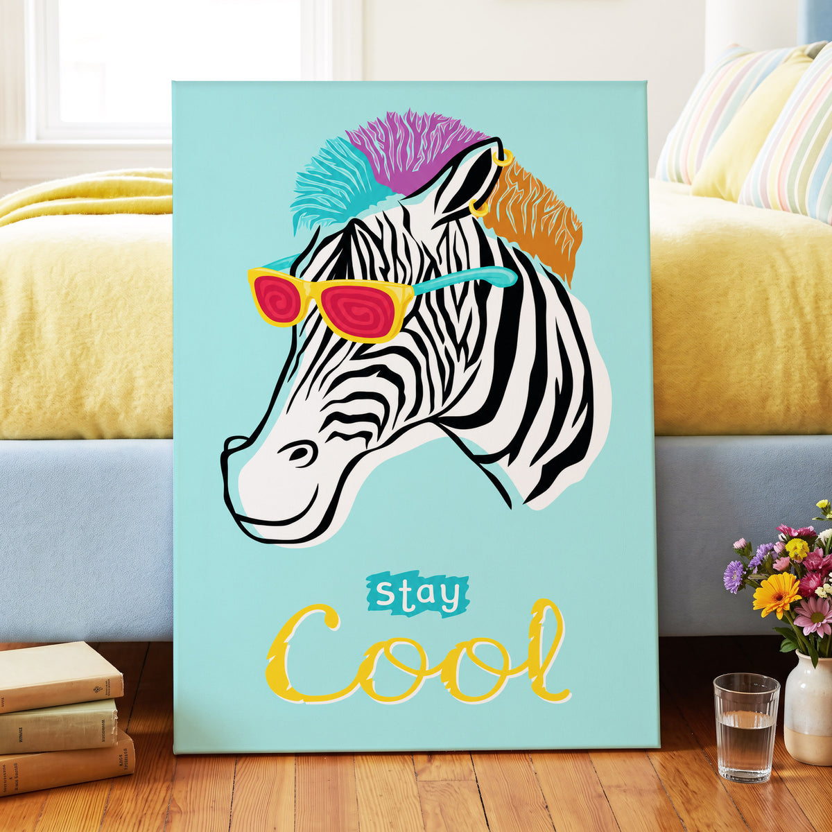 Stay Cool Zebra, blue, black, white nature wall art on canvas displayed in a styled interior, gallery view 2