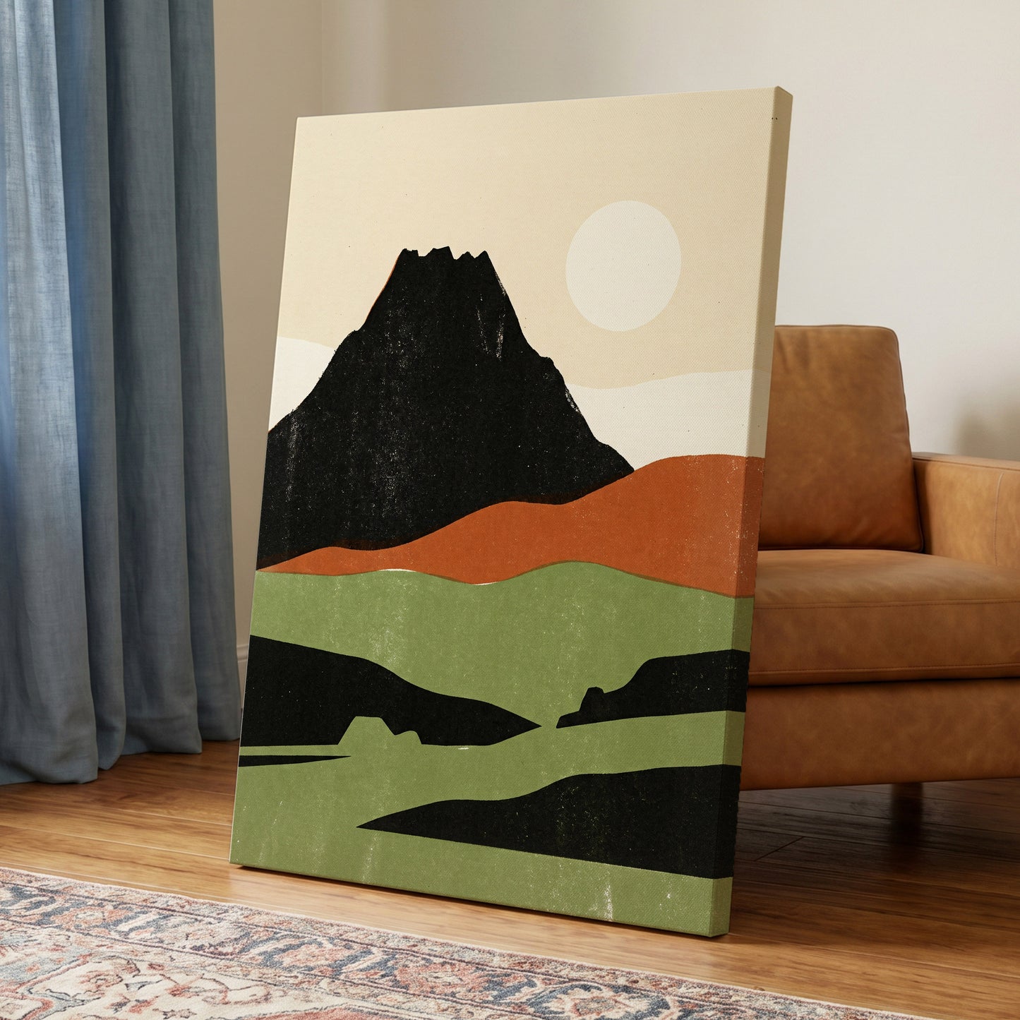 Still Mountain Sun, black, green, beige nature wall art on canvas displayed in a styled interior, gallery view 2