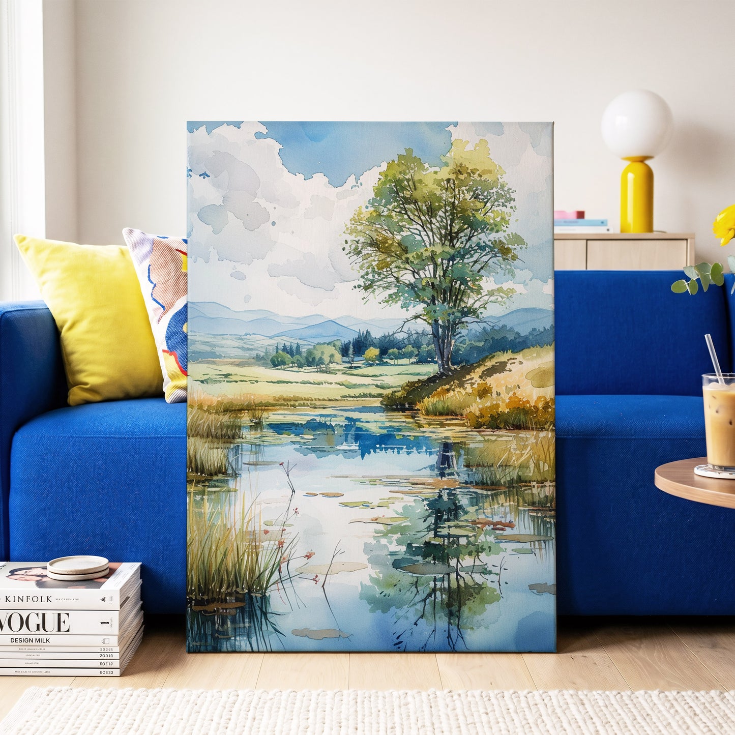 Still Waters, Open Skies, blue, green, beige nature wall art on canvas displayed in a styled interior, gallery view 2