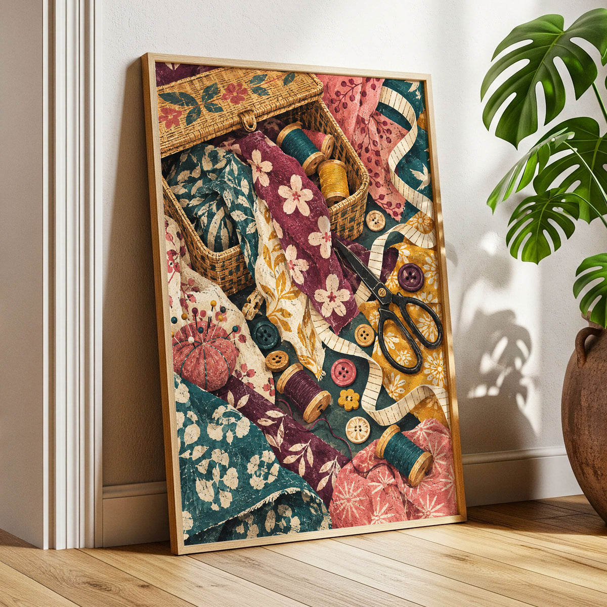 Stitches in Bloom, green, beige, pink abstract wall art displayed in a styled interior, gallery view 9