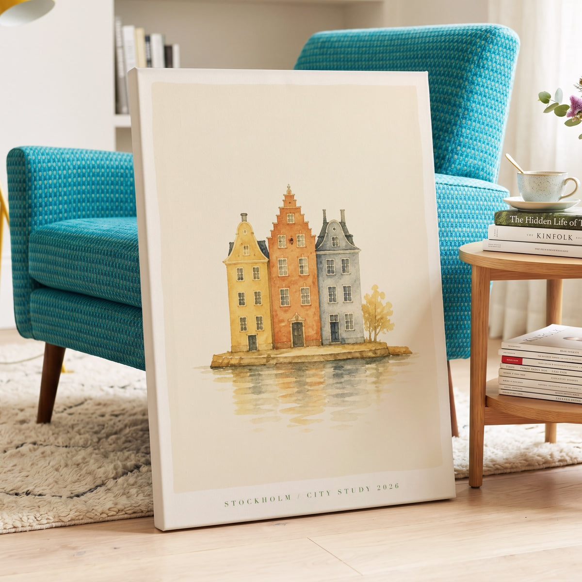Stockholm Waterside, beige, orange, gray minimalist wall art on canvas displayed in a styled interior, gallery view 2