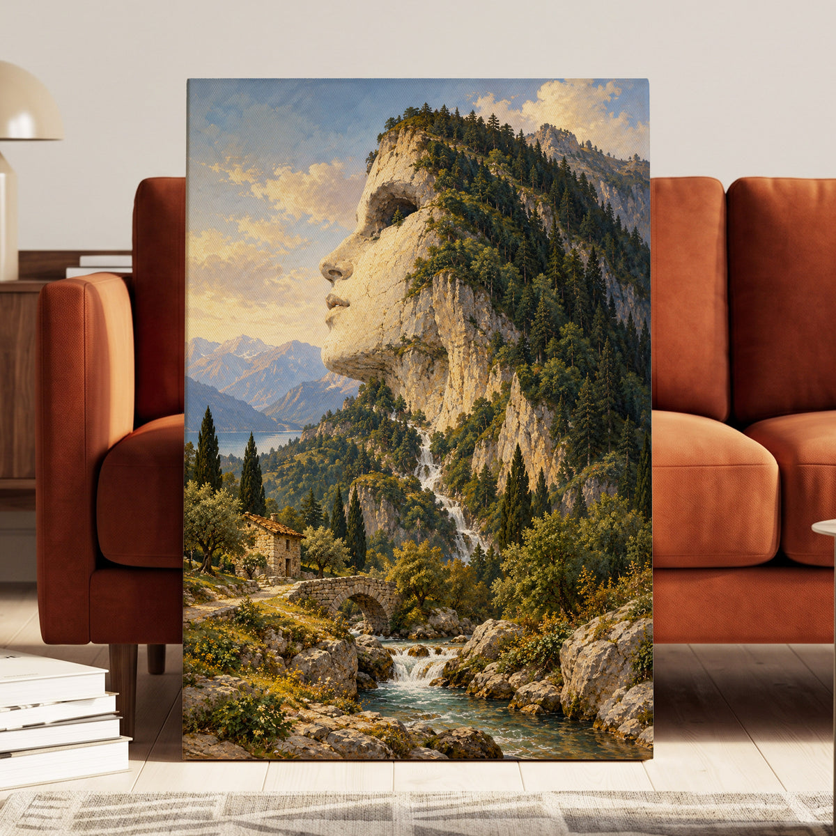 Stonebound Reverie, green, beige, blue nature wall art on canvas displayed in a styled interior, gallery view 2