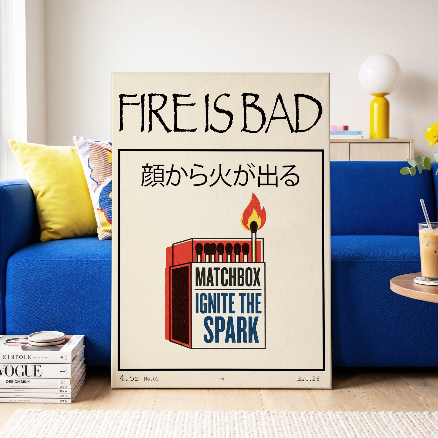 Strike a Spark, beige, black, red minimalist wall art on canvas displayed in a styled interior, gallery view 2