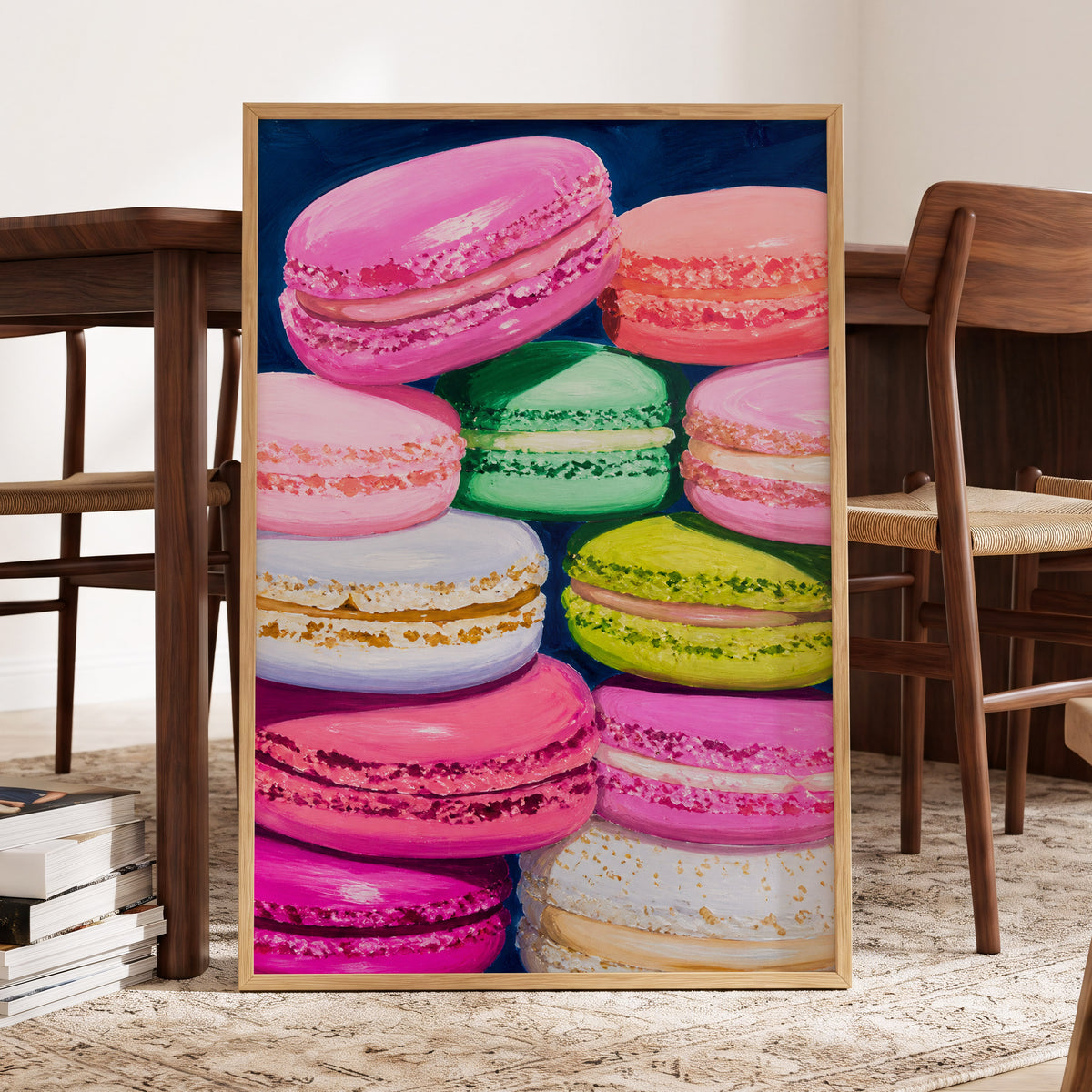 Sugarbright Macarons, pink, blue, green abstract wall art displayed in a styled interior, gallery view 9