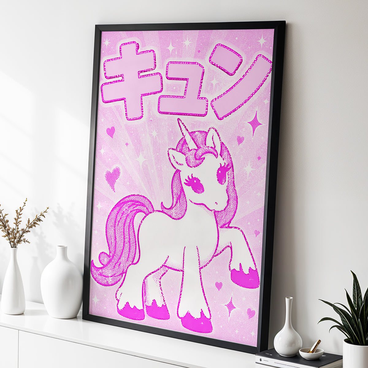 Sugarpink Unicorn, pink, white, purple abstract wall art displayed in a styled interior, gallery view 9