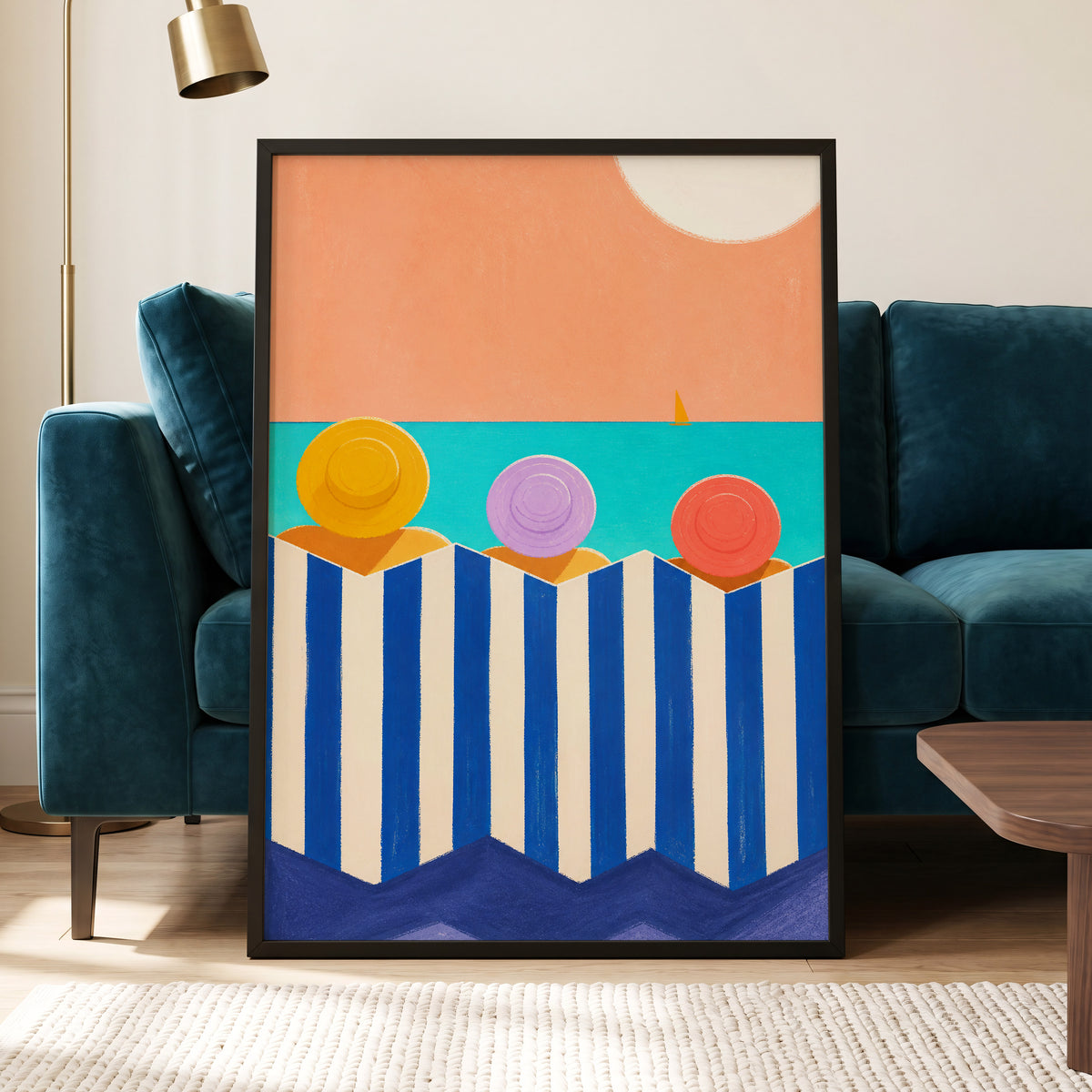 Sunhat Serenade, blue, orange, beige nature wall art displayed in a styled interior, gallery view 9