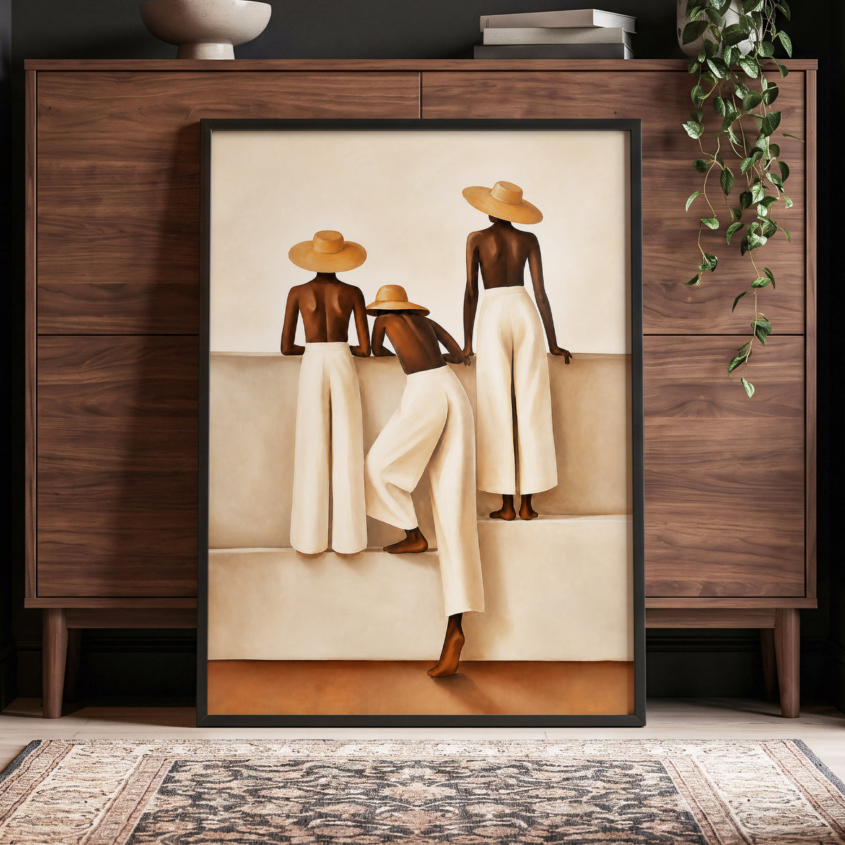 Sunhat Silhouettes, beige, brown, white minimalist wall art displayed in a styled interior, gallery view 9