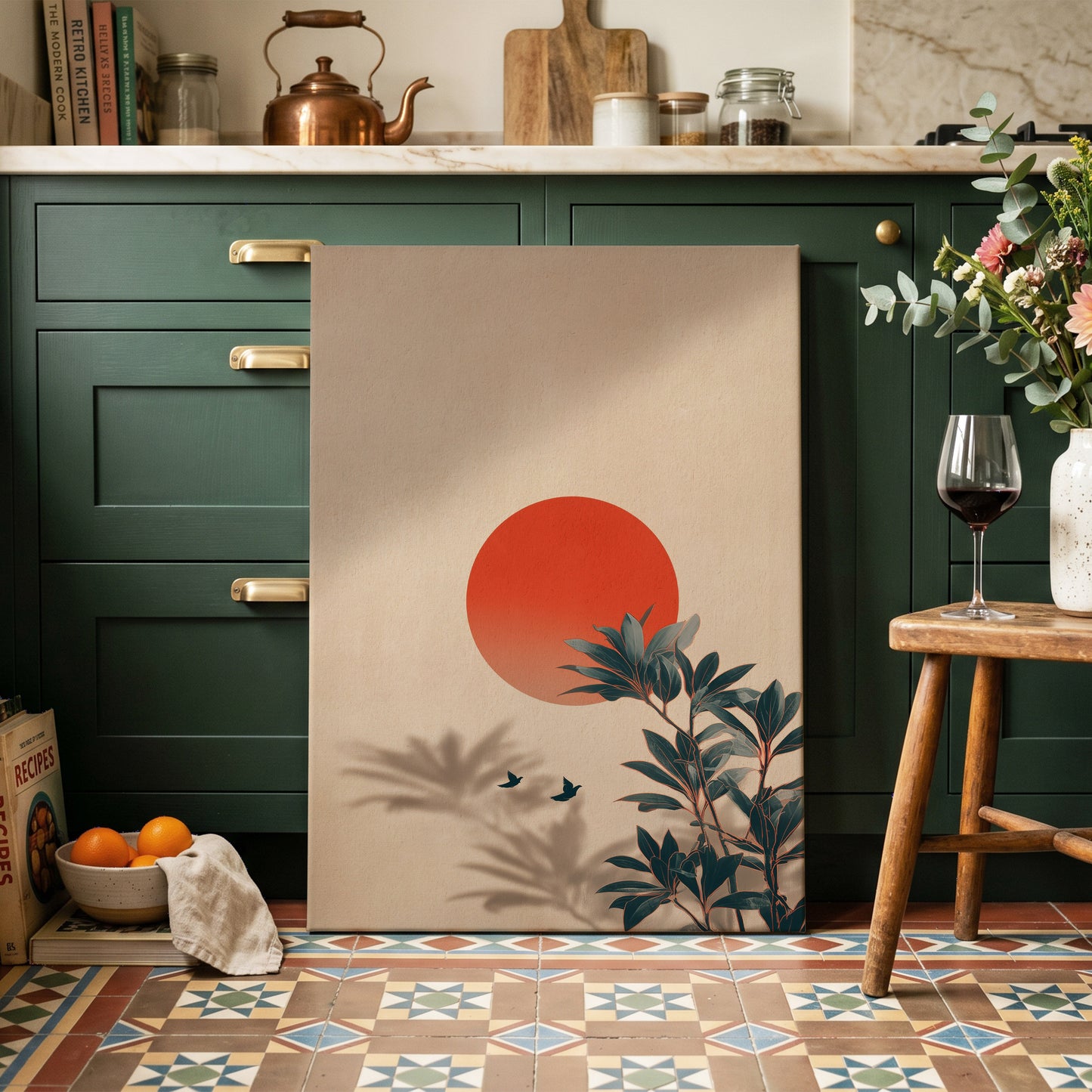 Sunlit Botanical Calm, beige, orange, green nature wall art on canvas displayed in a styled interior, gallery view 2