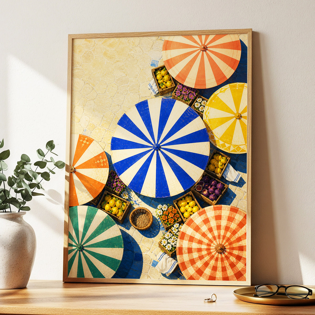 Sunlit Parasol Market, blue, orange, beige abstract wall art displayed in a styled interior, gallery view 9