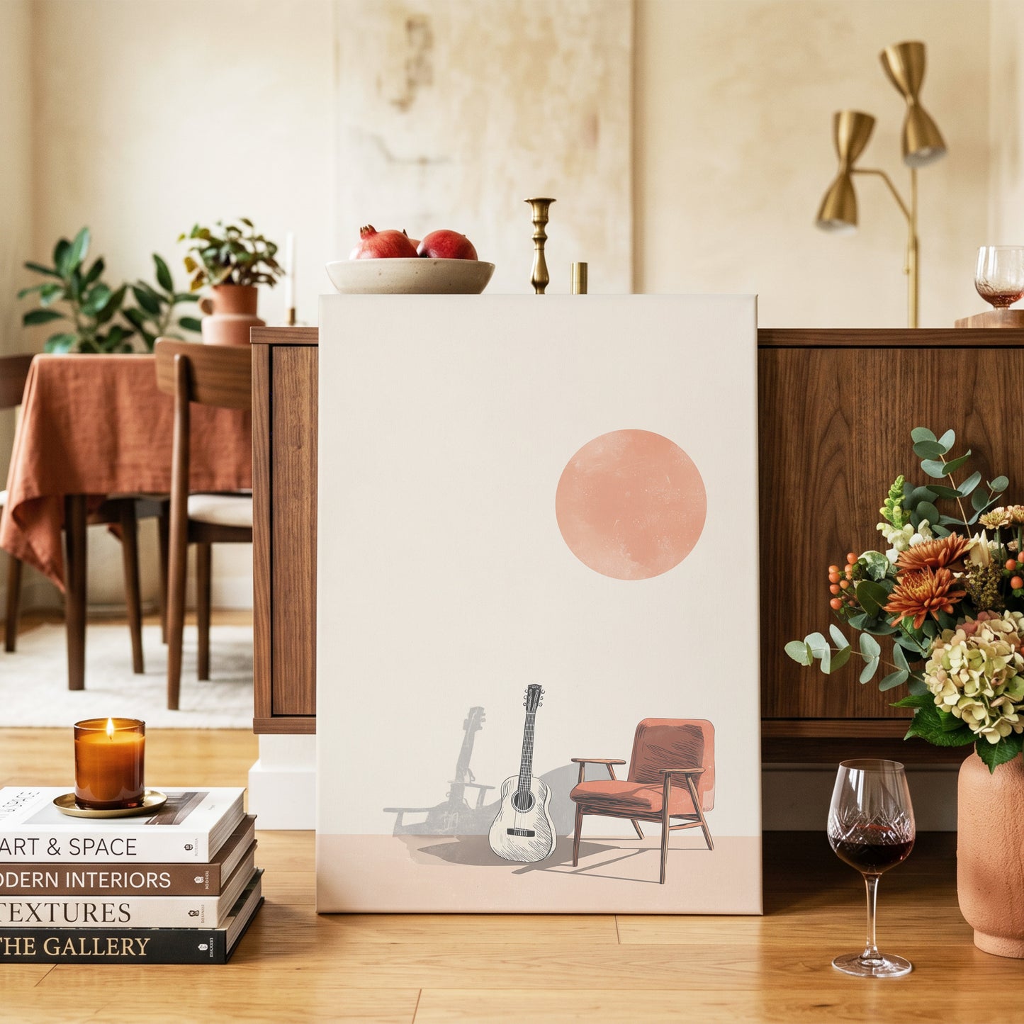 Sunlit Strings, beige, orange, brown minimalist wall art on canvas displayed in a styled interior, gallery view 2