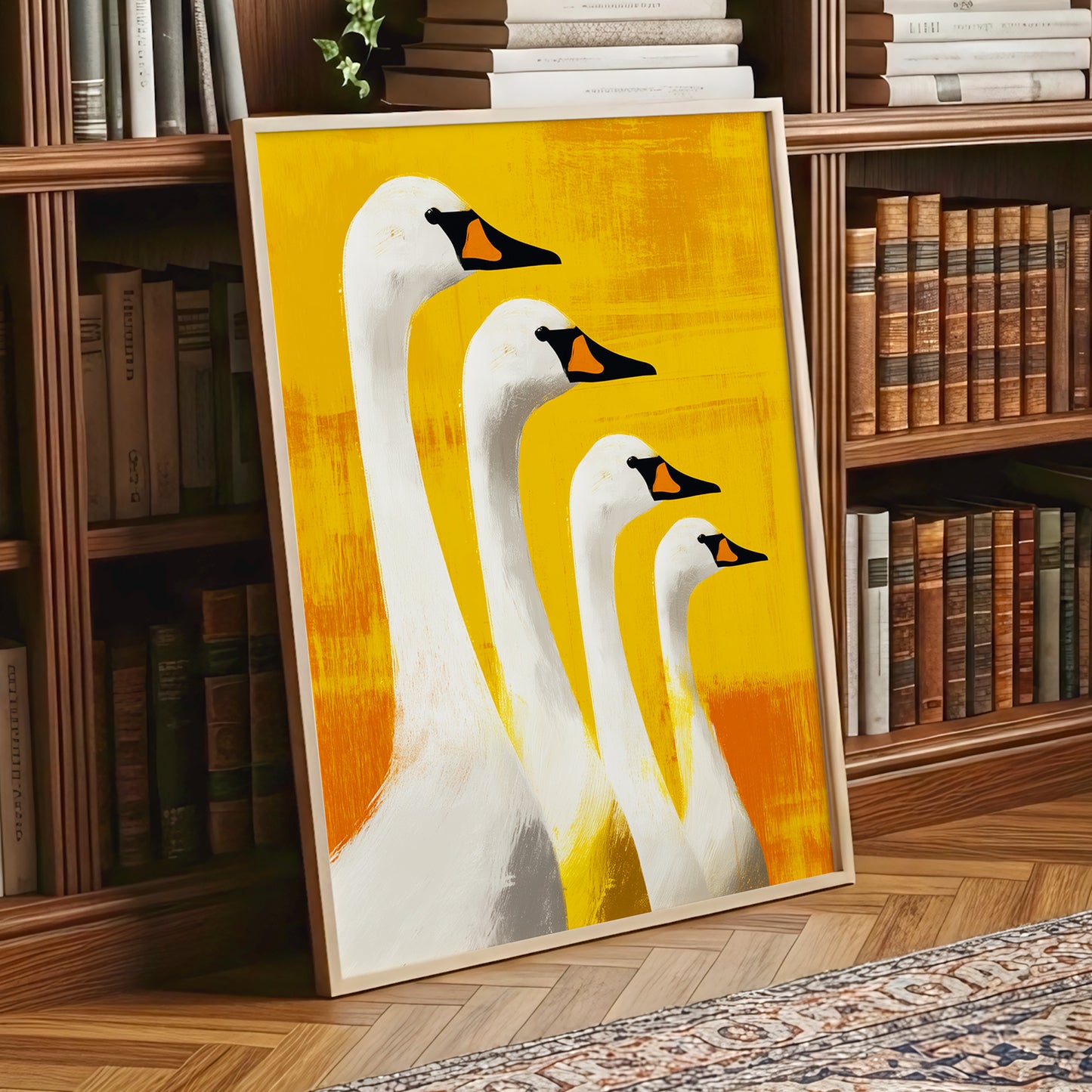 Sunlit Swan Line-Up, white, black, yellow nature wall art displayed in a styled interior, gallery view 9
