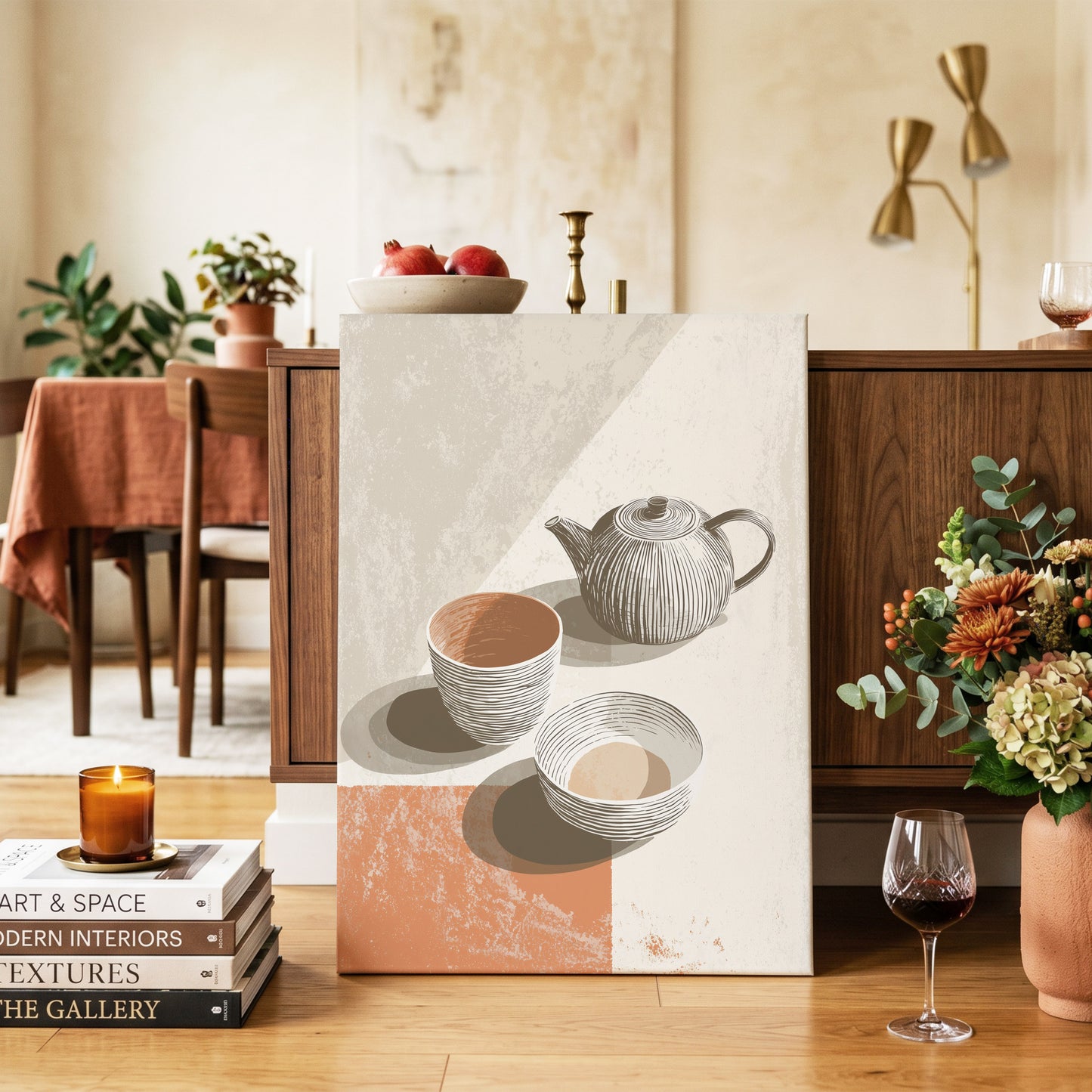 Sunlit Tea Still Life, beige, white, brown minimalist wall art on canvas displayed in a styled interior, gallery view 2