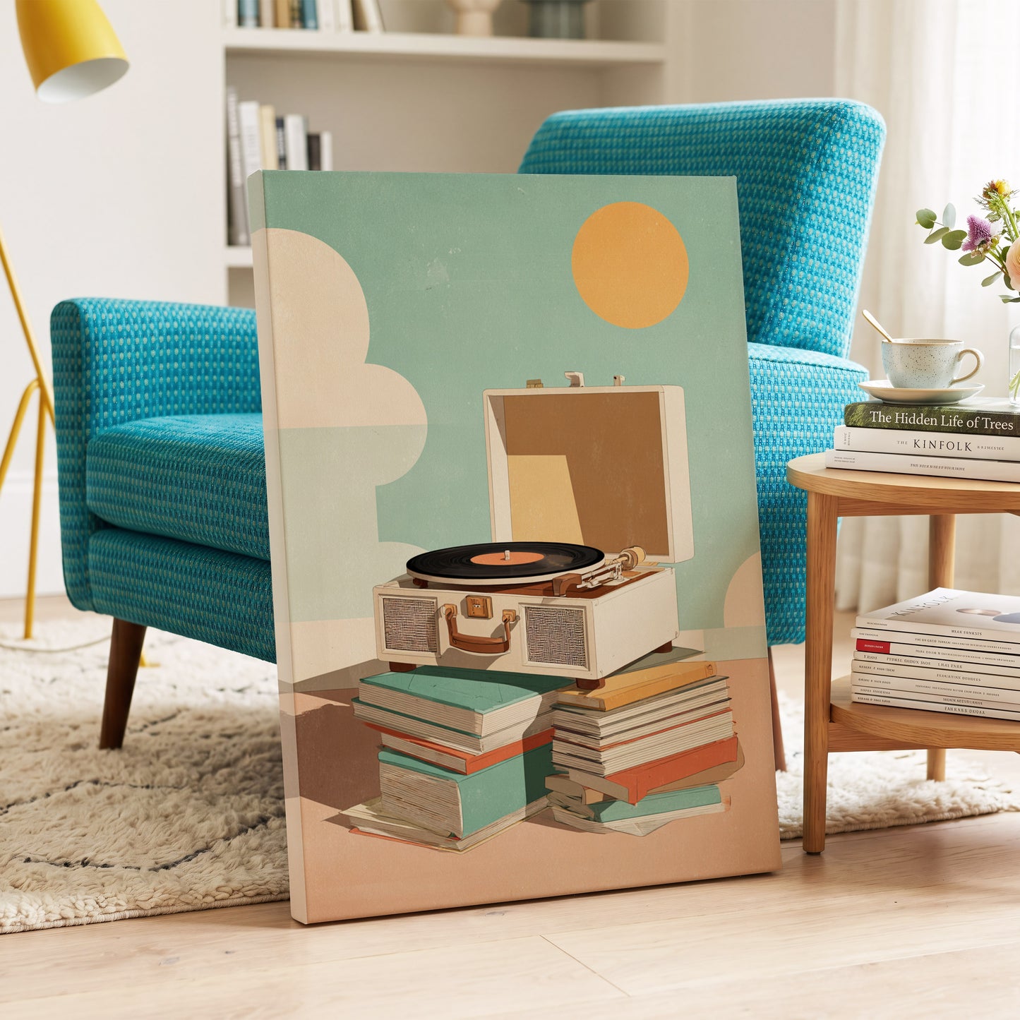 Sunlit Vinyl Stories, green, beige, brown minimalist wall art on canvas displayed in a styled interior, gallery view 2