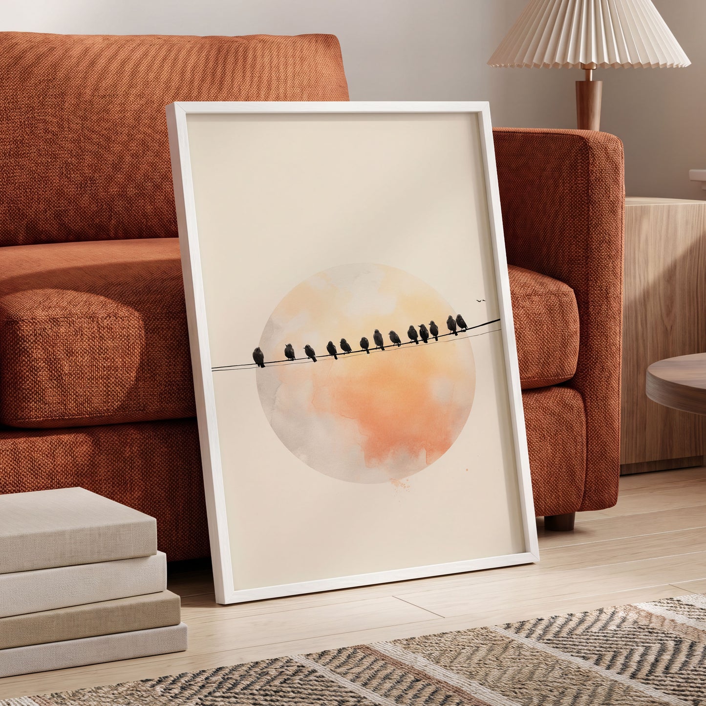 Sunset Assembly, black, beige, orange nature wall art displayed in a styled interior, gallery view 9