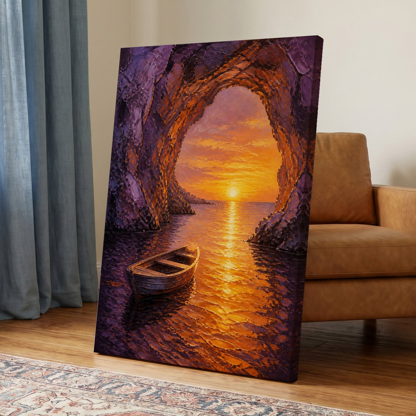 Sunset Through the Grotto, purple, orange, gold nature wall art on canvas displayed in a styled interior, gallery view 2