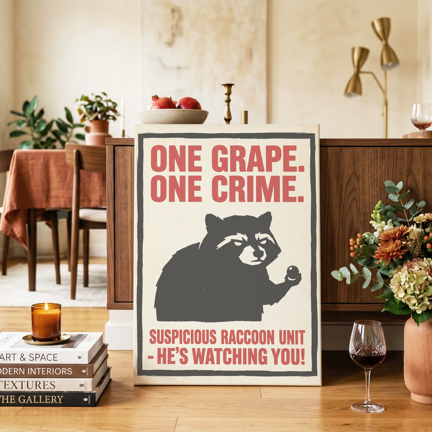 Suspicious Raccoon Unit, black, beige, red nature wall art on canvas displayed in a styled interior, gallery view 2