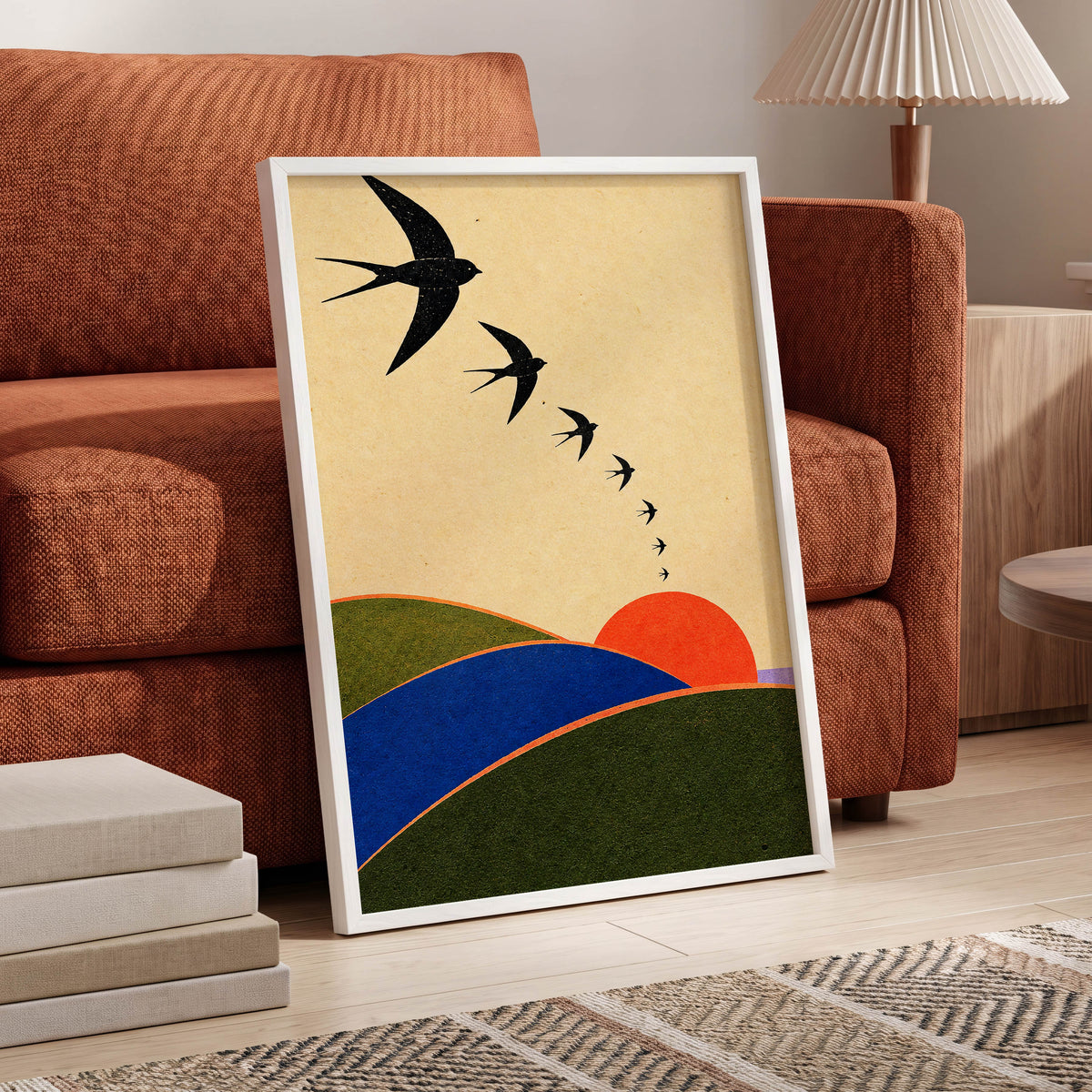 Swallows at Sundown, black, beige, green nature wall art displayed in a styled interior, gallery view 9