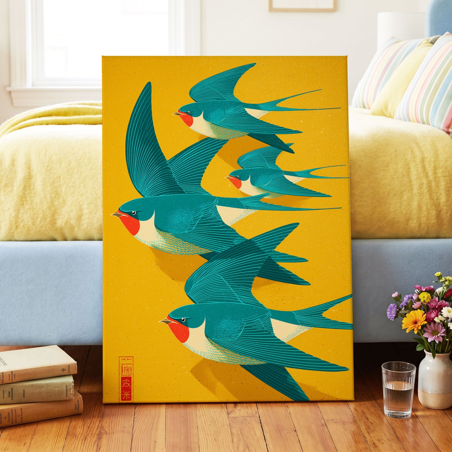 Swallows in Golden Flight, blue, green, gold nature wall art on canvas displayed in a styled interior, gallery view 2