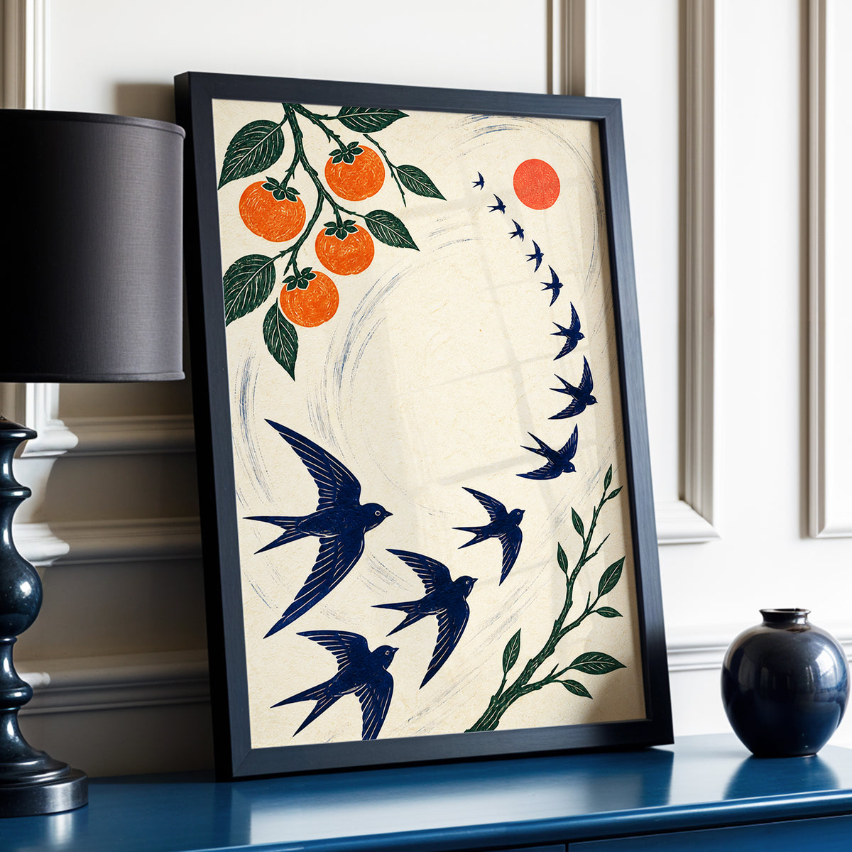 Swallows in Orbit, blue, green, beige nature wall art displayed in a styled interior, gallery view 9