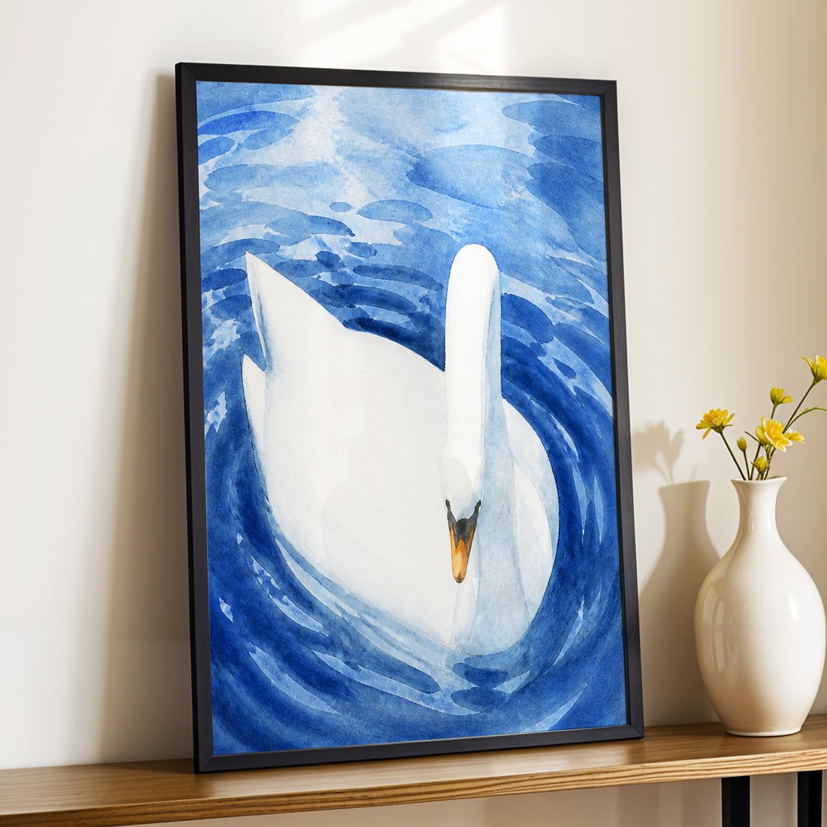 Swan in Sapphire, blue, white, orange nature wall art displayed in a styled interior, gallery view 9