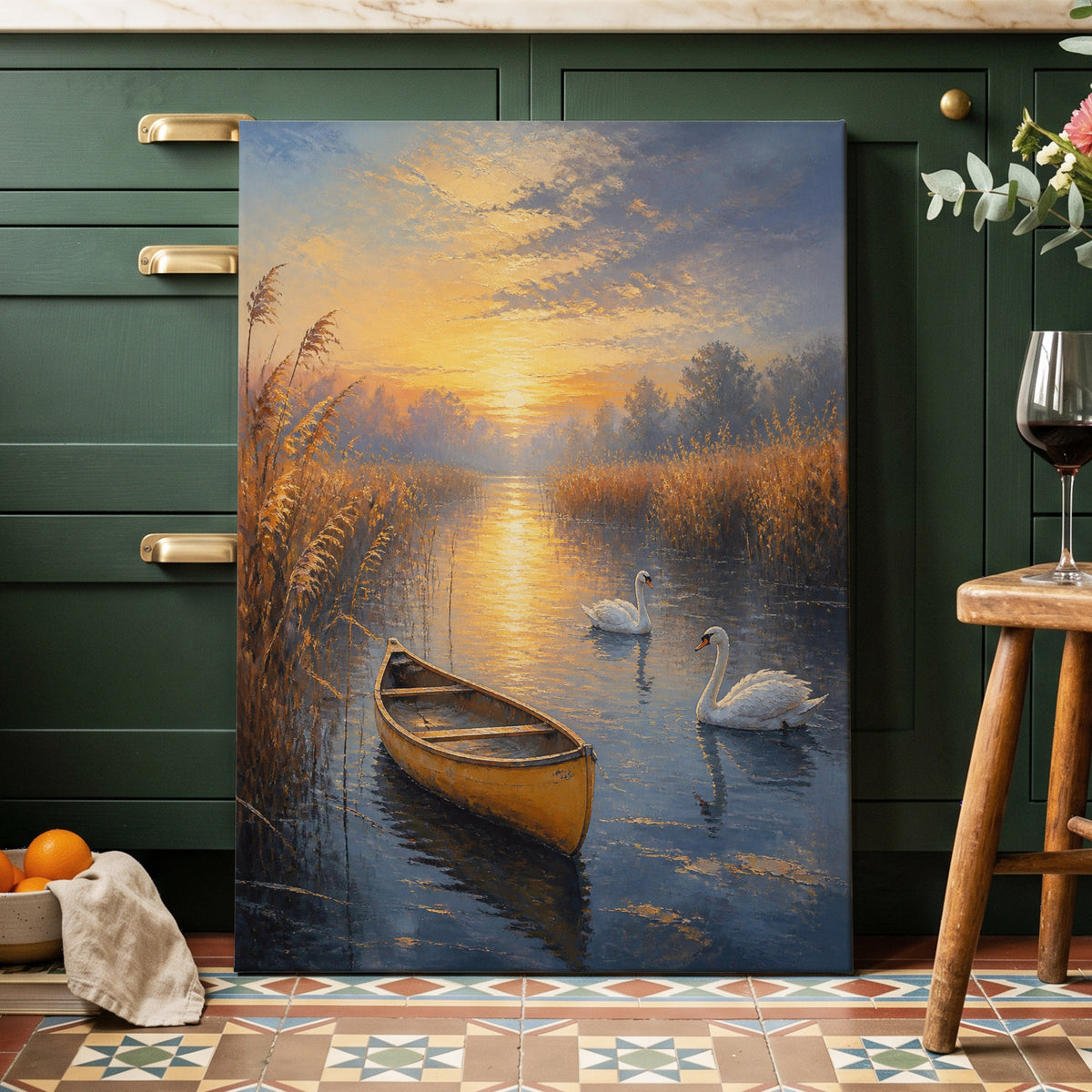 Swanlight on Still Water, blue, gold, brown nature wall art on canvas displayed in a styled interior, gallery view 2