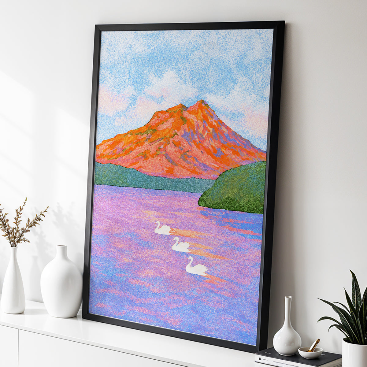 Swans Beneath Coral Peaks, blue, pink, orange nature wall art displayed in a styled interior, gallery view 9
