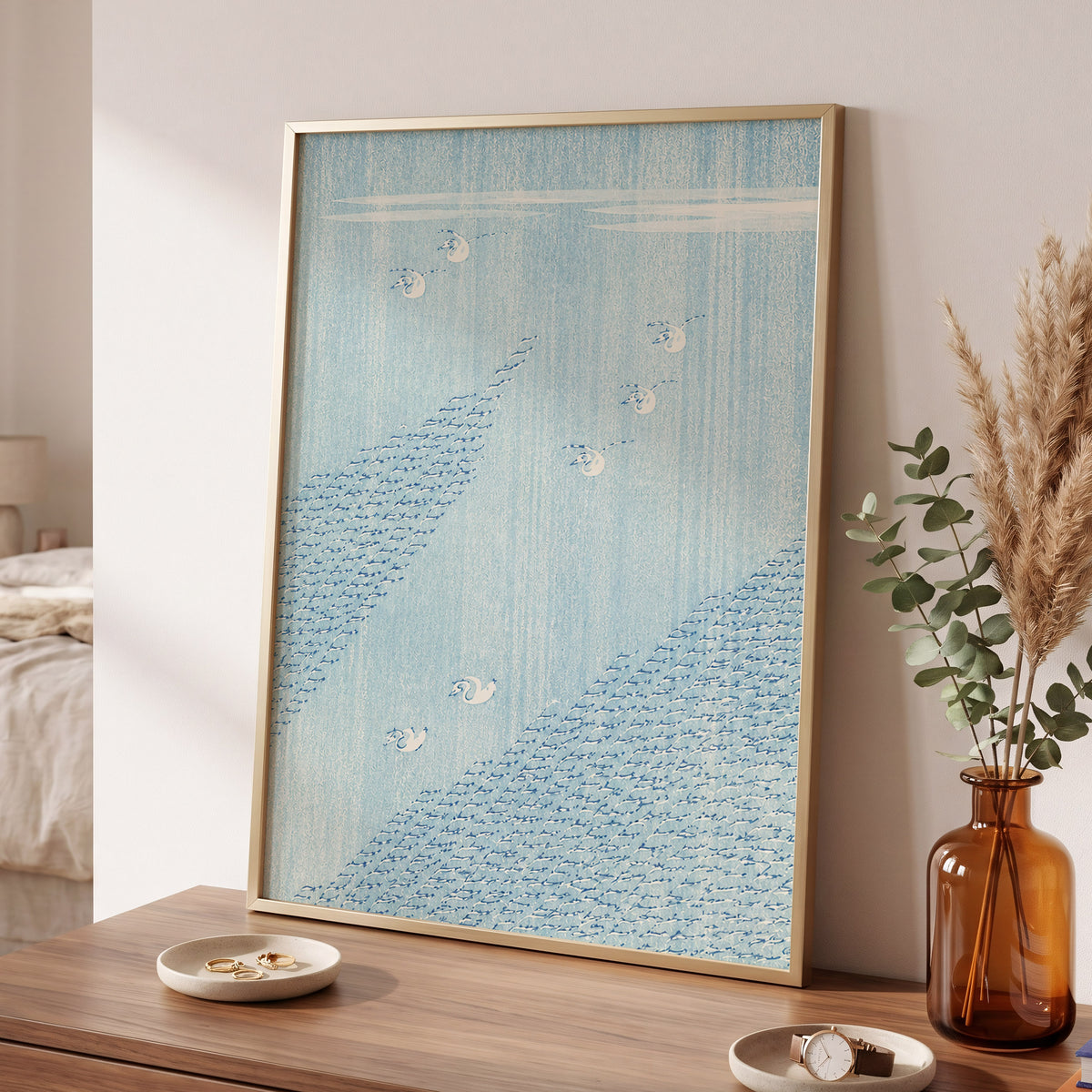Swanwater Rhythm, blue, white, beige nature wall art displayed in a styled interior, gallery view 9