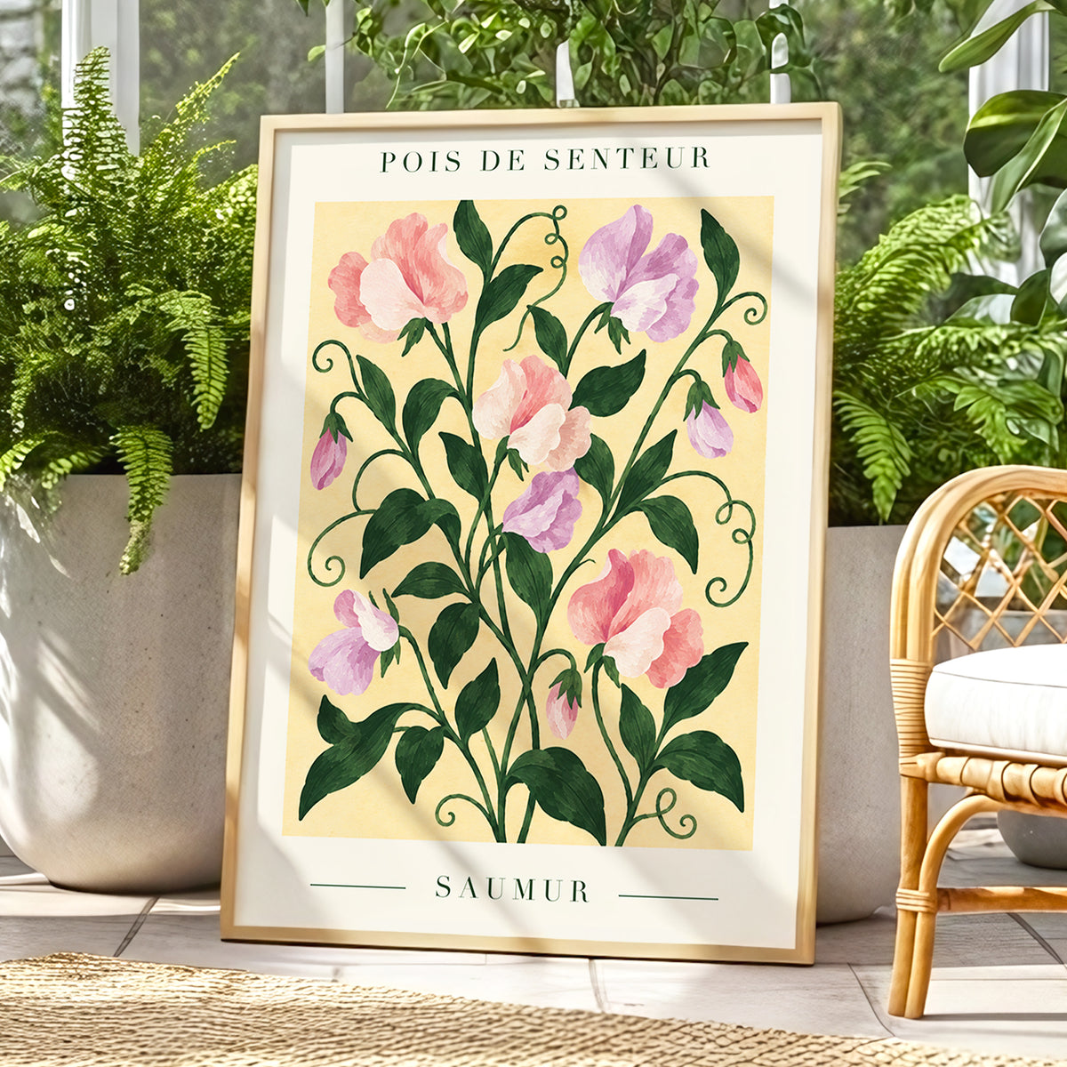 Sweet Pea Reverie, green, pink, purple floral wall art displayed in a styled interior, gallery view 9