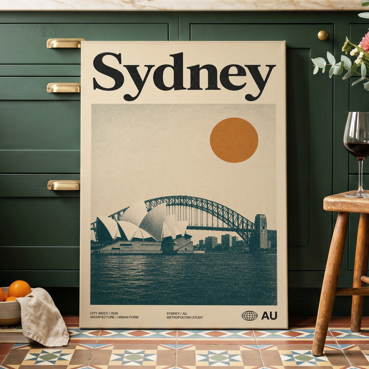 Sydney in Ochre, beige, blue, orange minimalist wall art on canvas displayed in a styled interior, gallery view 2
