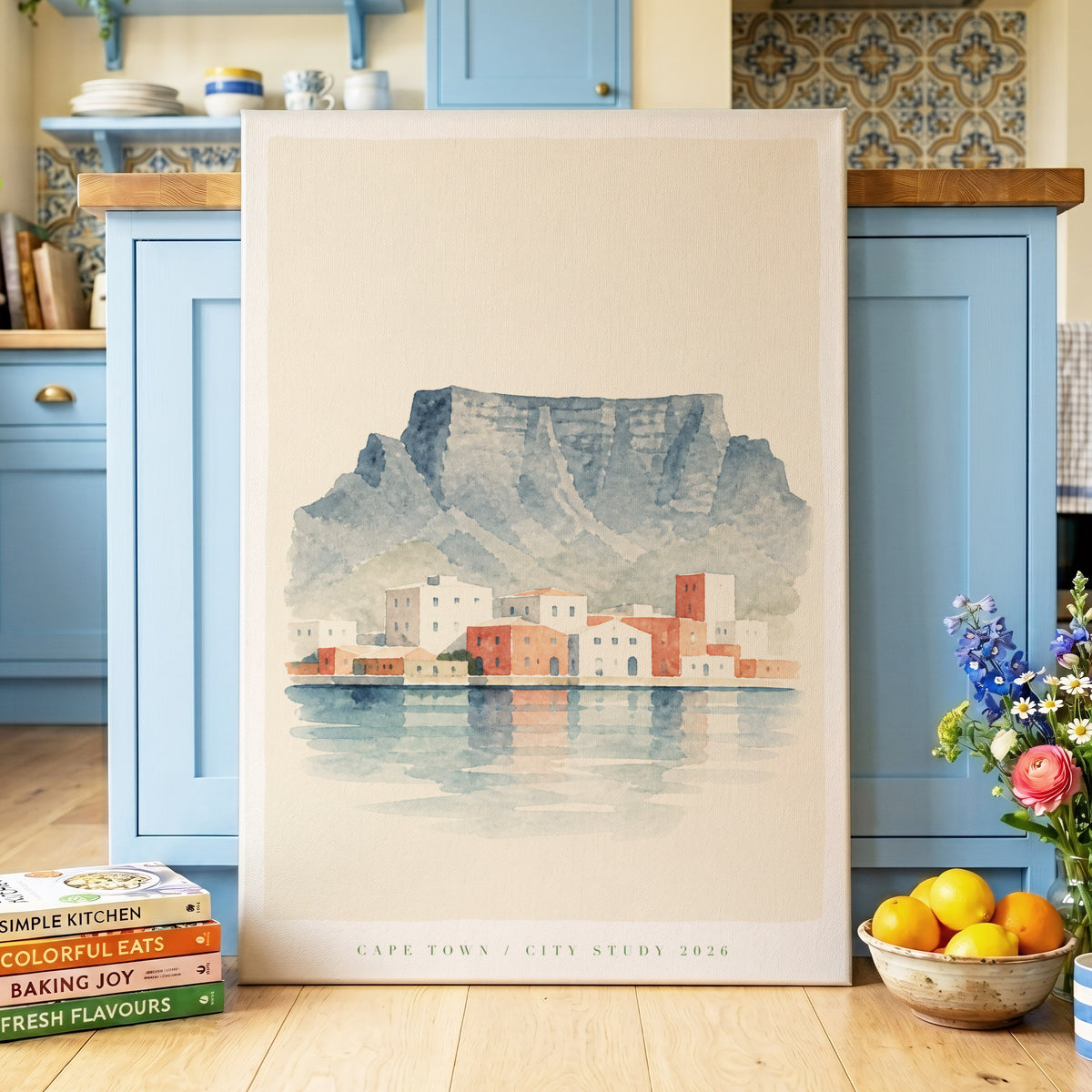 Table Bay Stillness, beige, blue, orange nature wall art on canvas displayed in a styled interior, gallery view 2