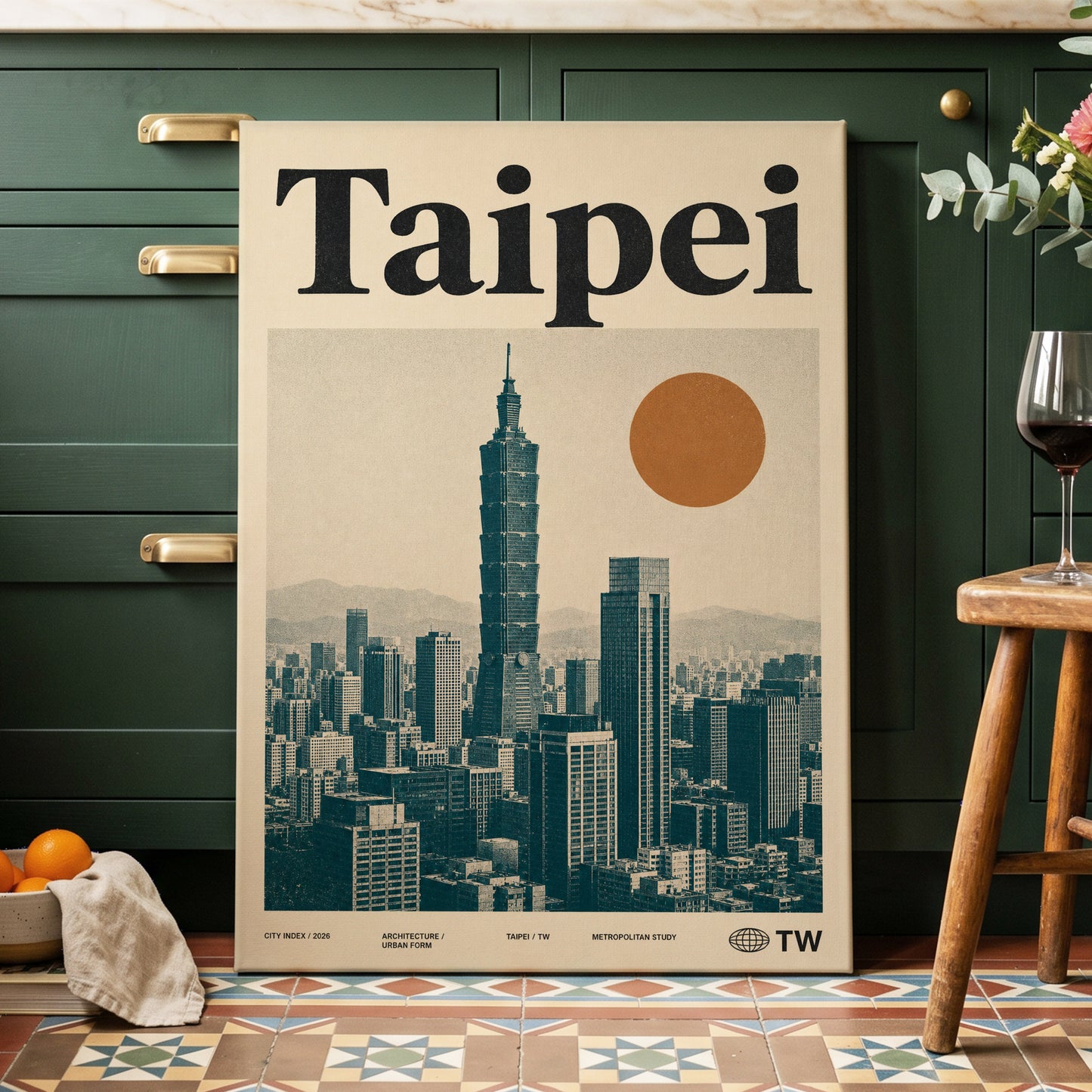 Taipei City Index, beige, black, brown minimalist wall art on canvas displayed in a styled interior, gallery view 2