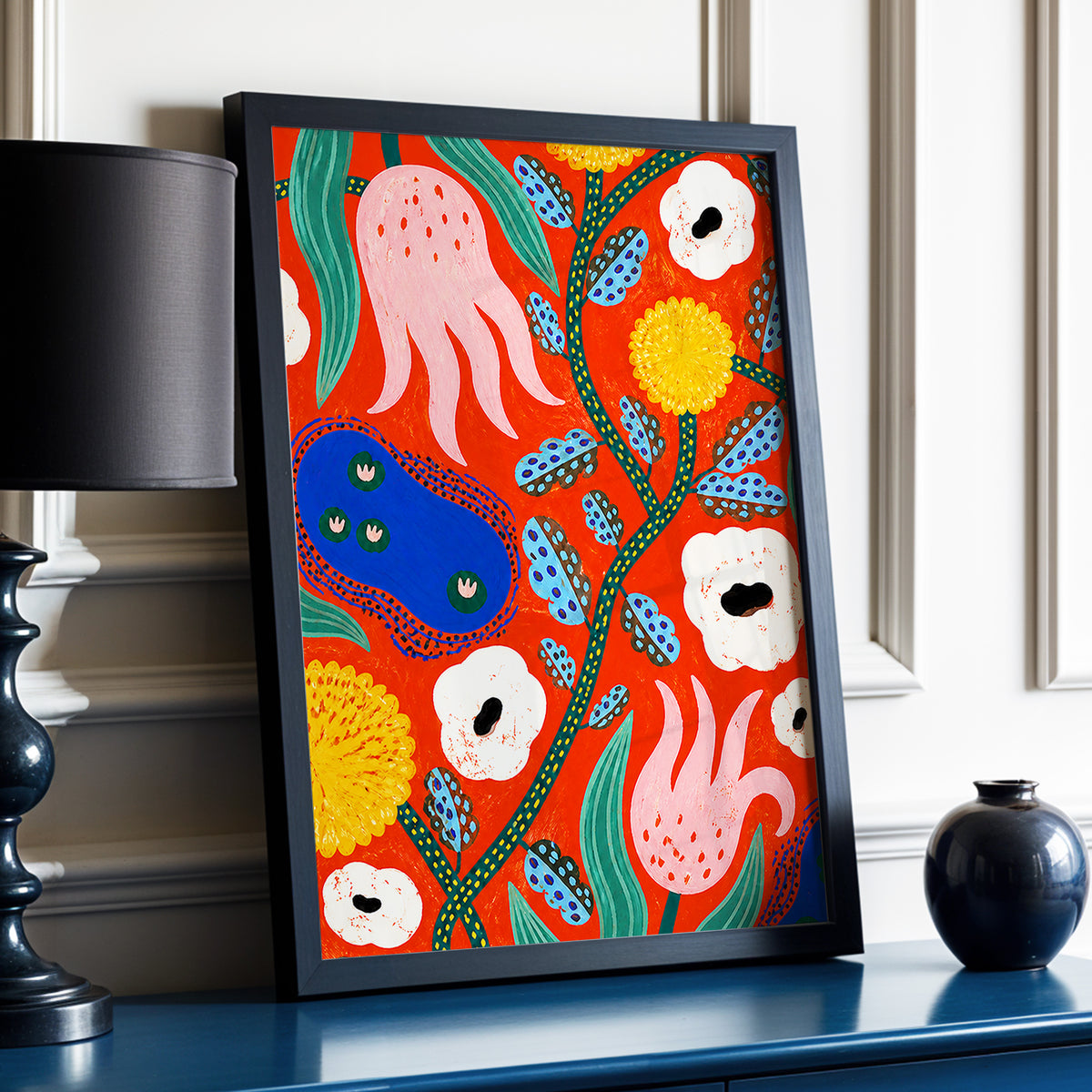 Tangerine Bloom Dance, orange, pink, blue floral wall art displayed in a styled interior, gallery view 9