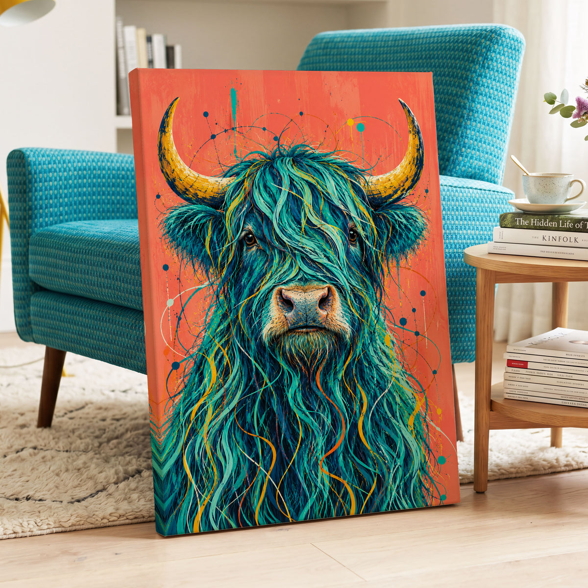 Teal Highland Splendour, blue, orange, gold nature wall art on canvas displayed in a styled interior, gallery view 2