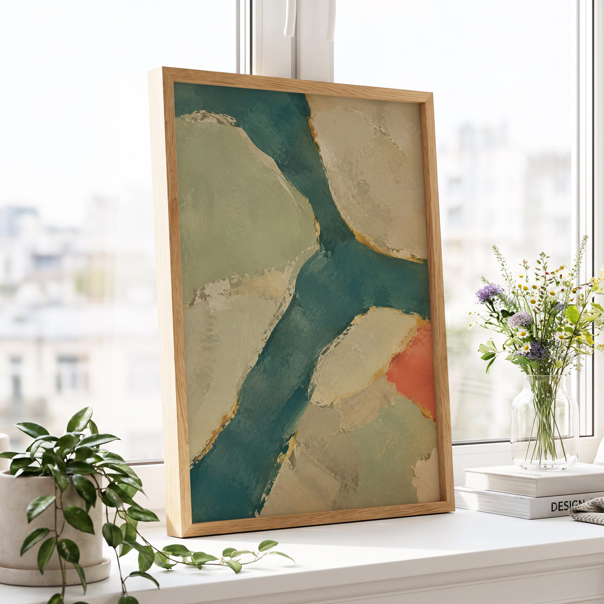 Teal Intervals, green, blue, beige abstract wall art displayed in a styled interior, gallery view 9