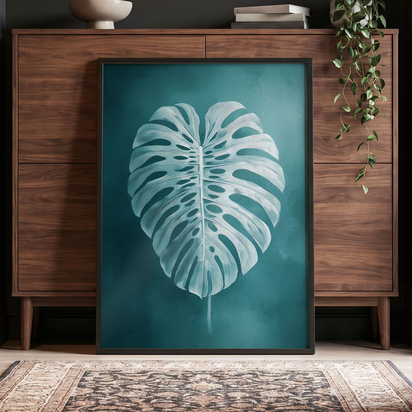 Teal Monstera Study, blue, green, white nature wall art displayed in a styled interior, gallery view 9