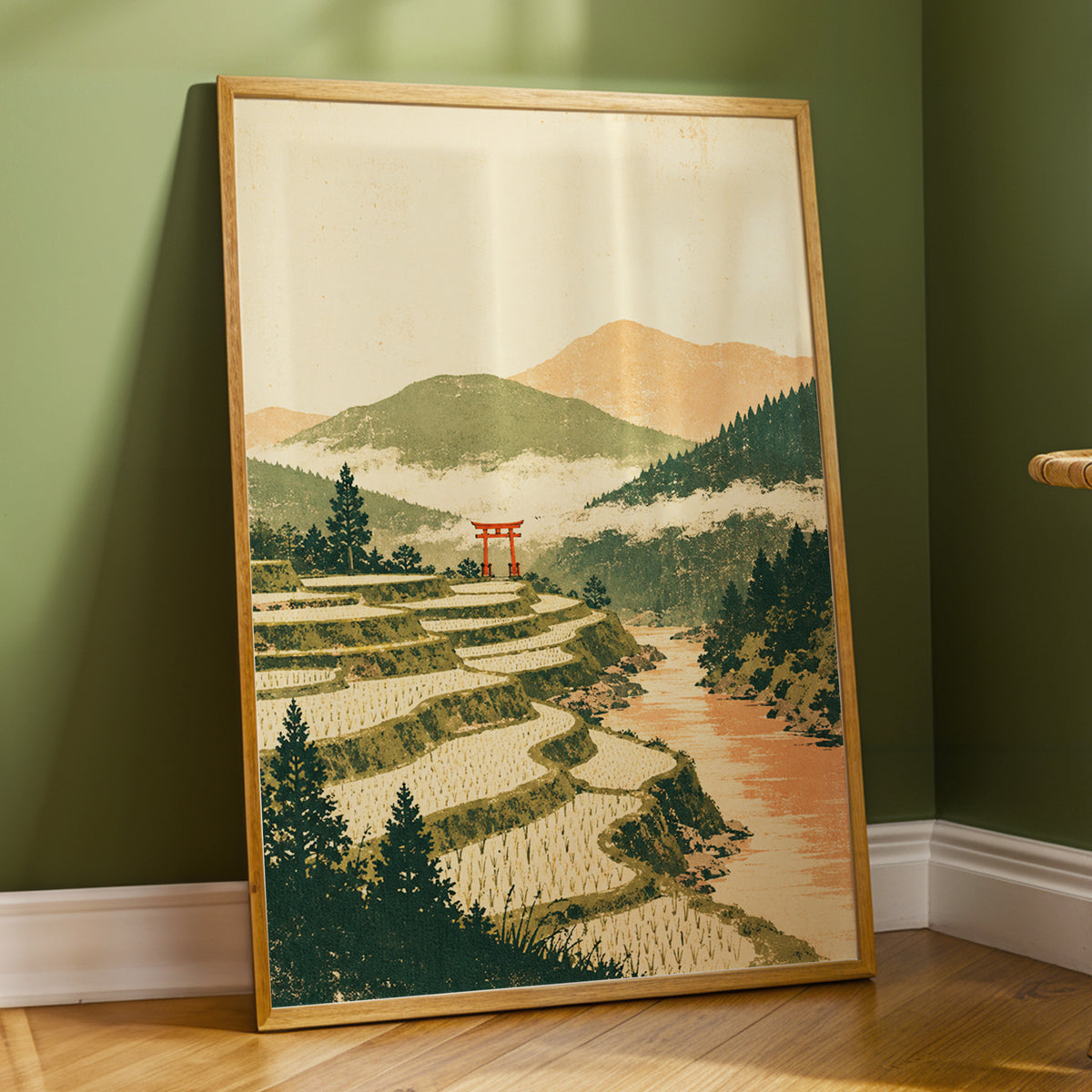 Terraced Stillness, green, beige, orange nature wall art displayed in a styled interior, gallery view 9