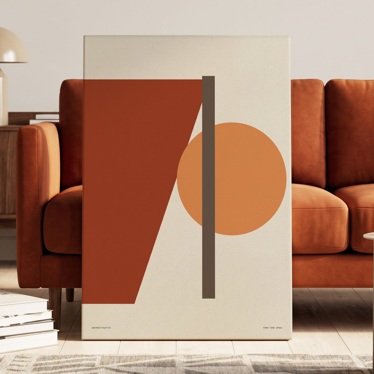Terracotta Balance, beige, brown, orange minimalist wall art on canvas displayed in a styled interior, gallery view 2