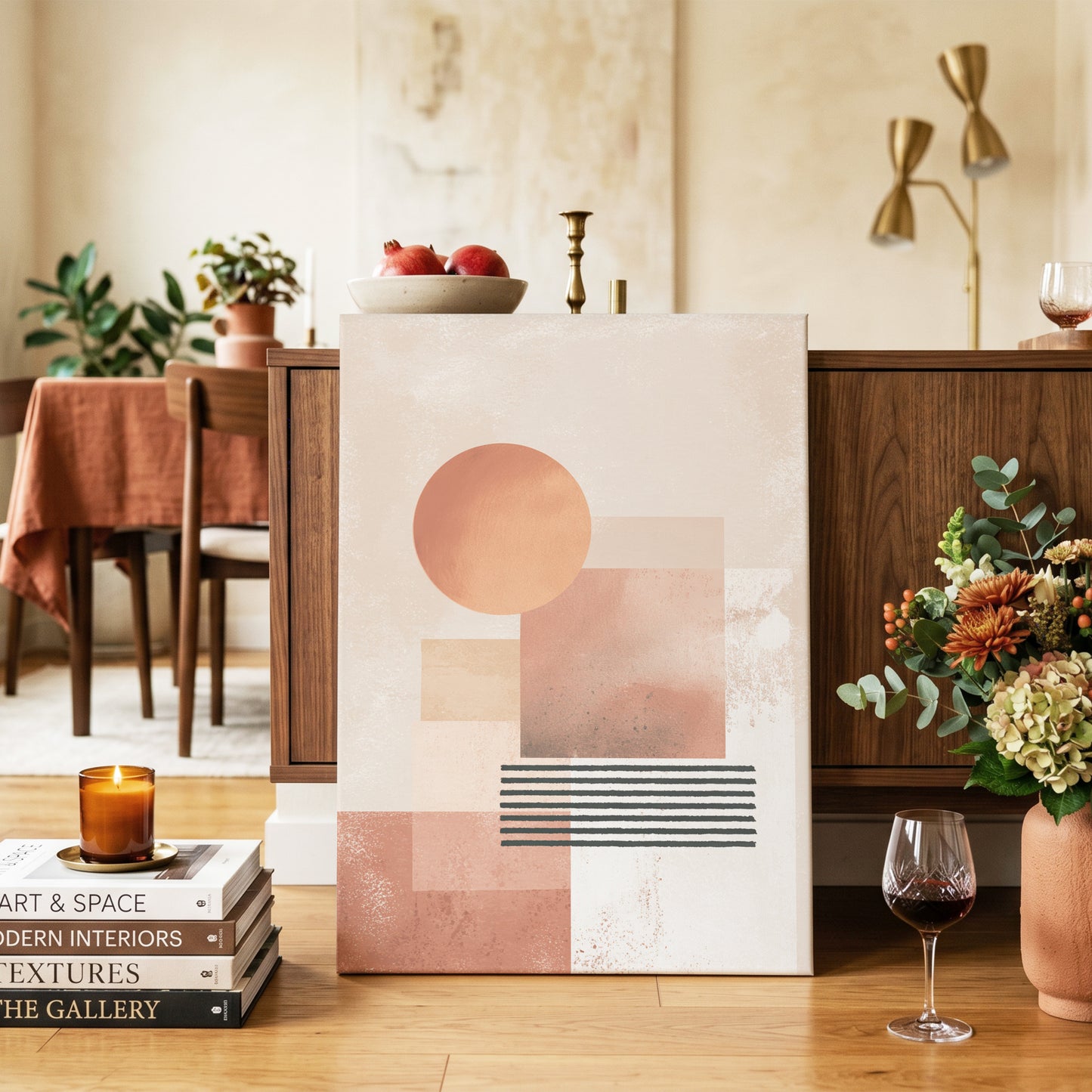 Terracotta Interval, beige, brown, orange abstract wall art on canvas displayed in a styled interior, gallery view 2