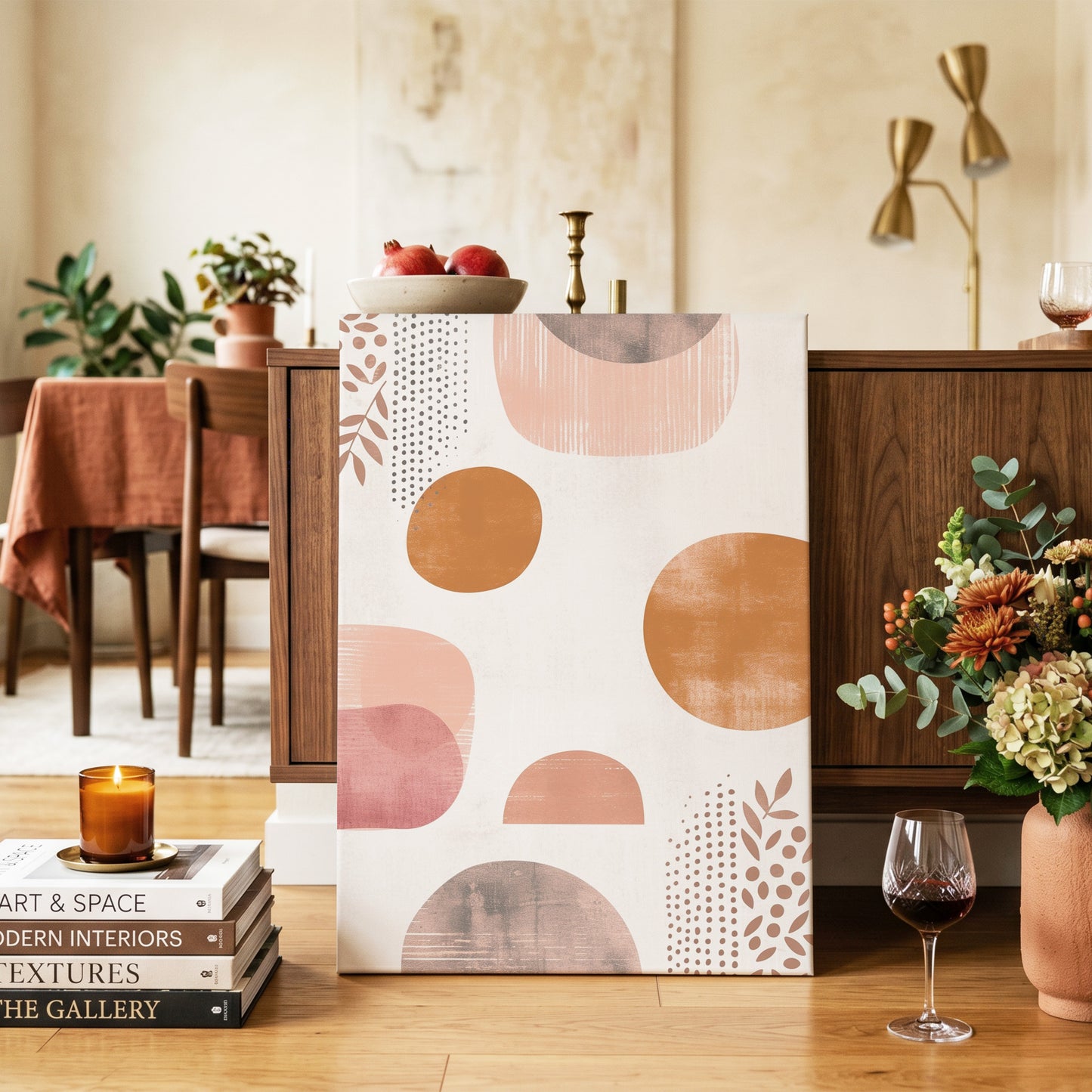 Terracotta Rhythm, beige, orange, brown nature wall art on canvas displayed in a styled interior, gallery view 2
